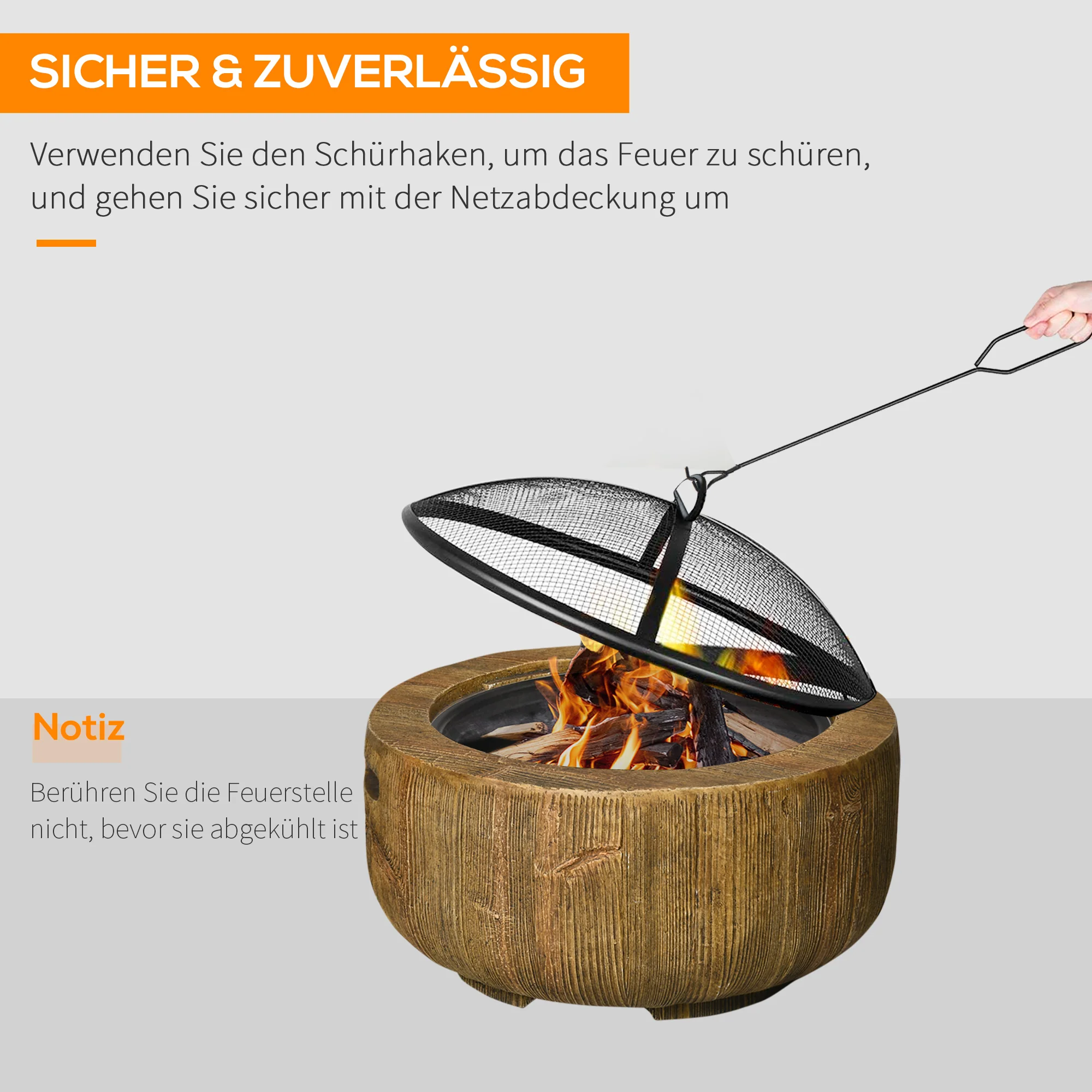 Fire Bowl Fire Pit, Lid & Poker, Tree Stump Design, Steel MgO Brown - Image 5