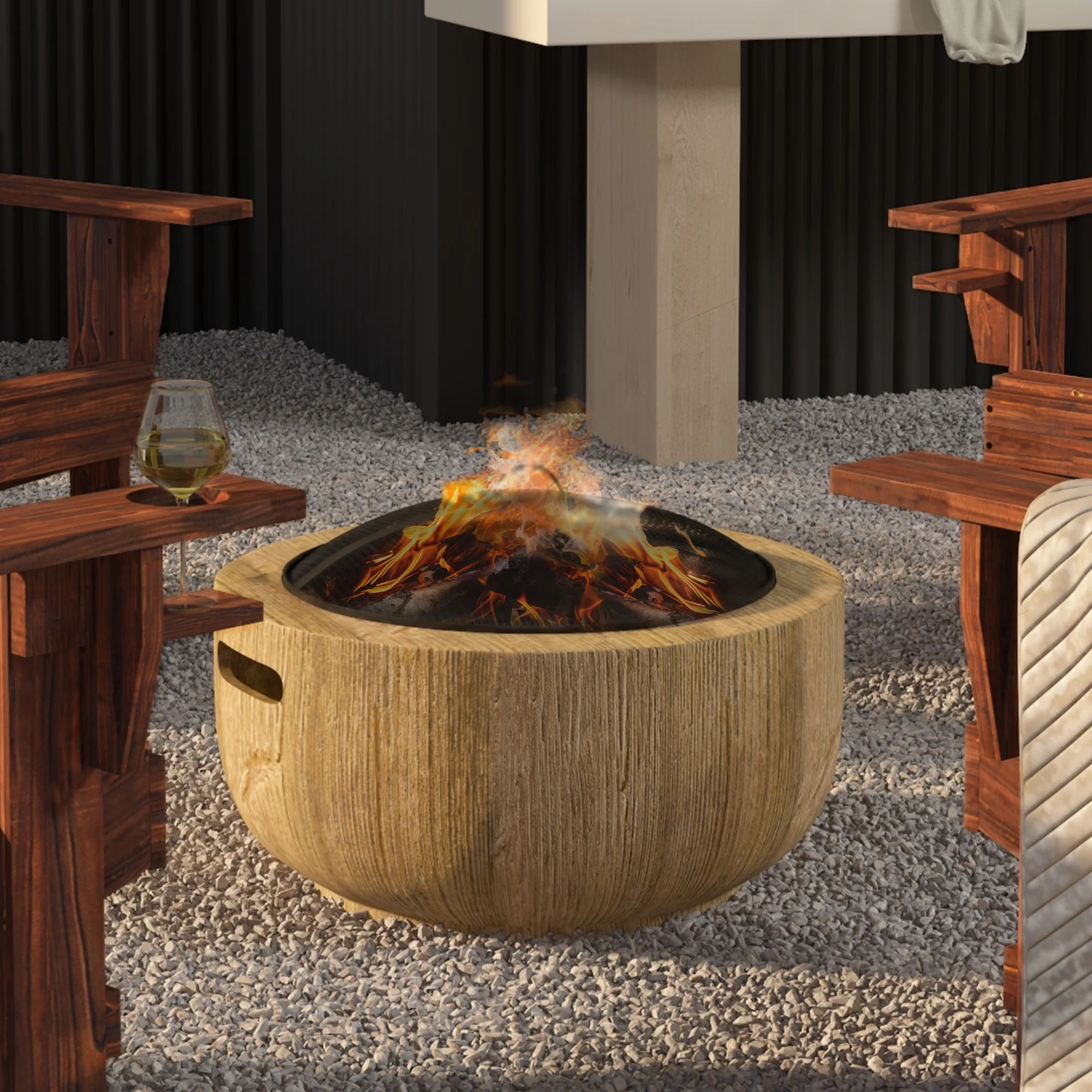 Fire Bowl Fire Pit, Lid & Poker, Tree Stump Design, Steel MgO Brown - Image 8