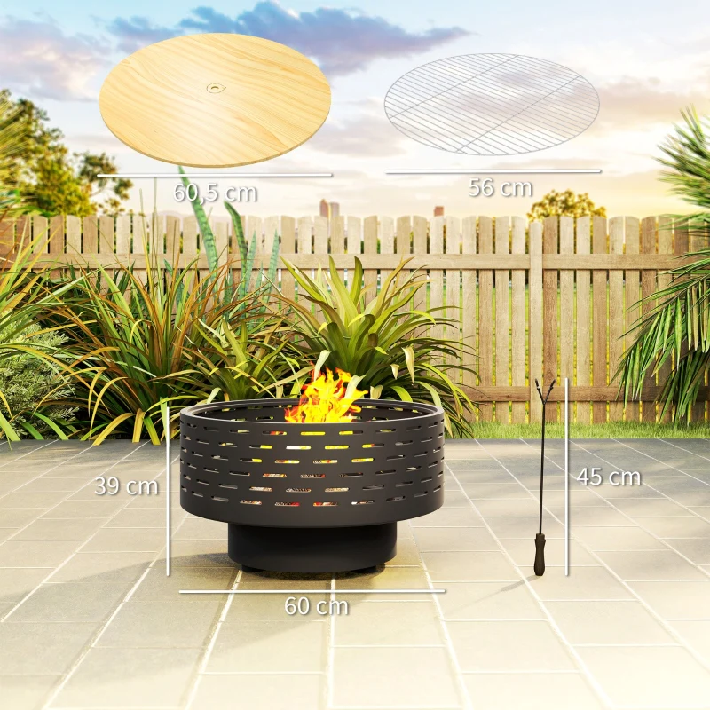 Fire Pit 3-in-1 Ø60cm Grill Grate Spark Screen Poker Stainless Steel Charcoal Grey - Image 2