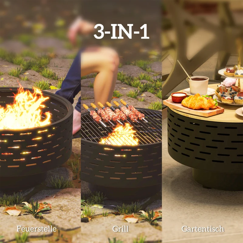 Fire Pit 3-in-1 Ø60cm Grill Grate Spark Screen Poker Stainless Steel Charcoal Grey - Image 3