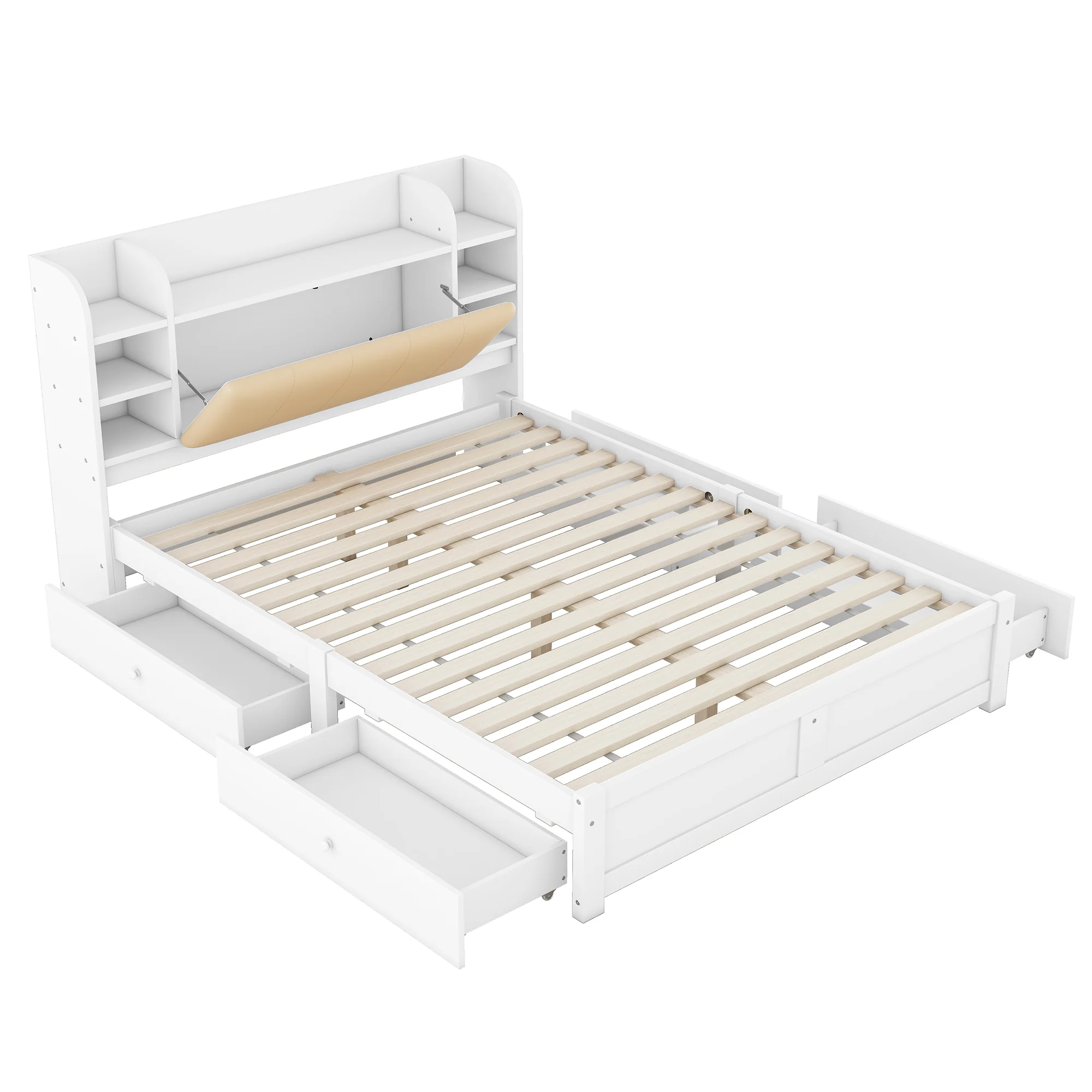 Flat Bed 160x200cm Fold-Down Headboard 4 Drawers Storage - White - Image 10