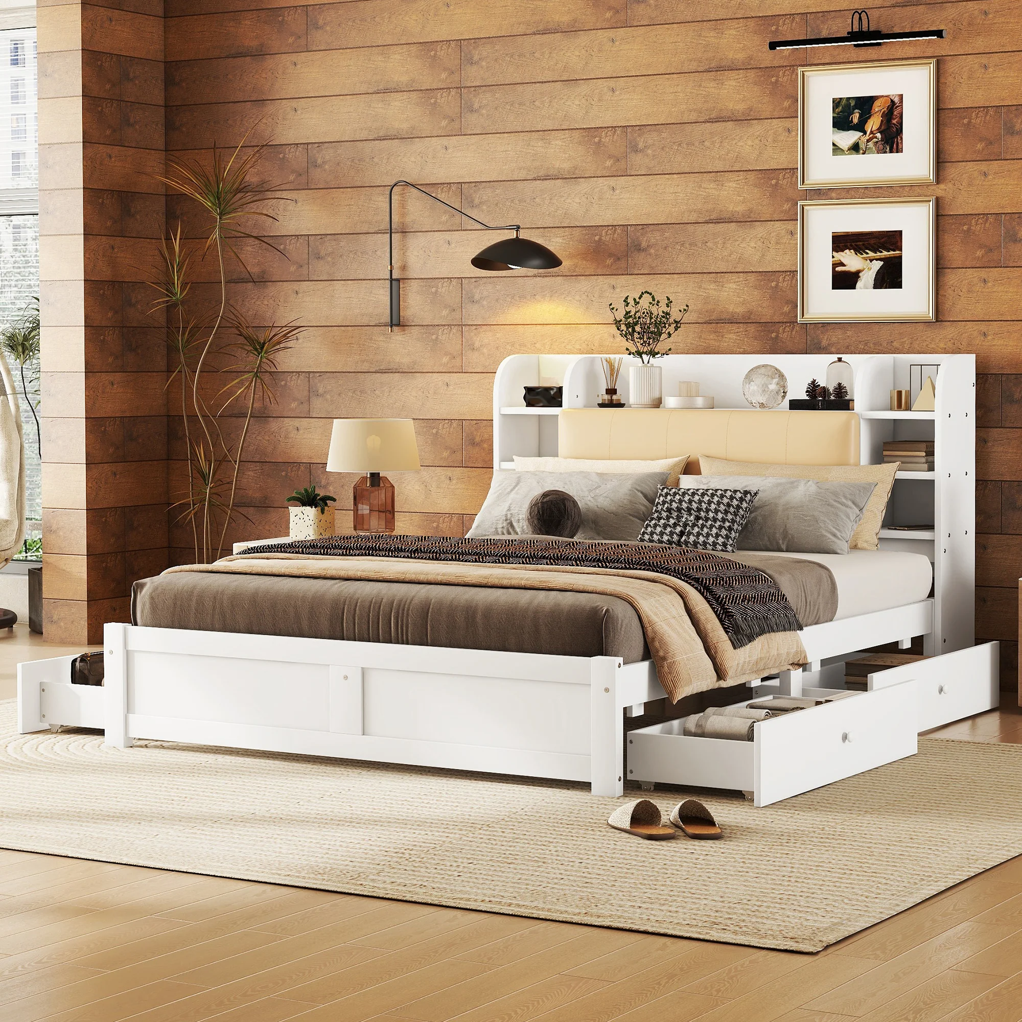 Flat Bed 160x200cm Fold-Down Headboard 4 Drawers Storage - White - Image 2