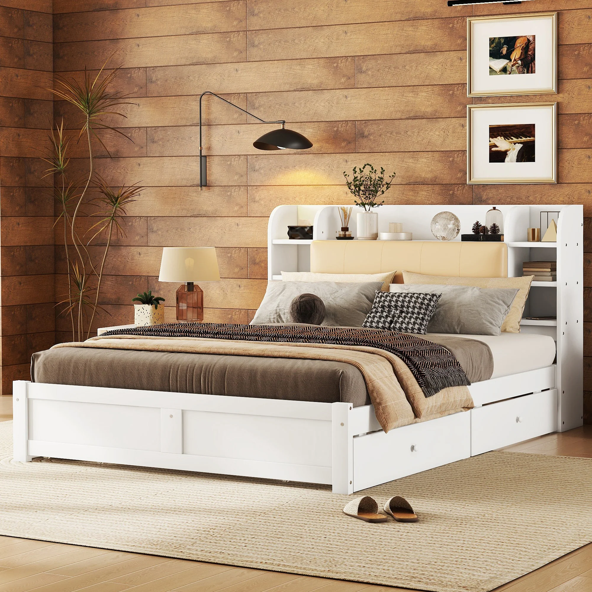 Flat Bed 160x200cm Fold-Down Headboard 4 Drawers Storage - White - Image 3