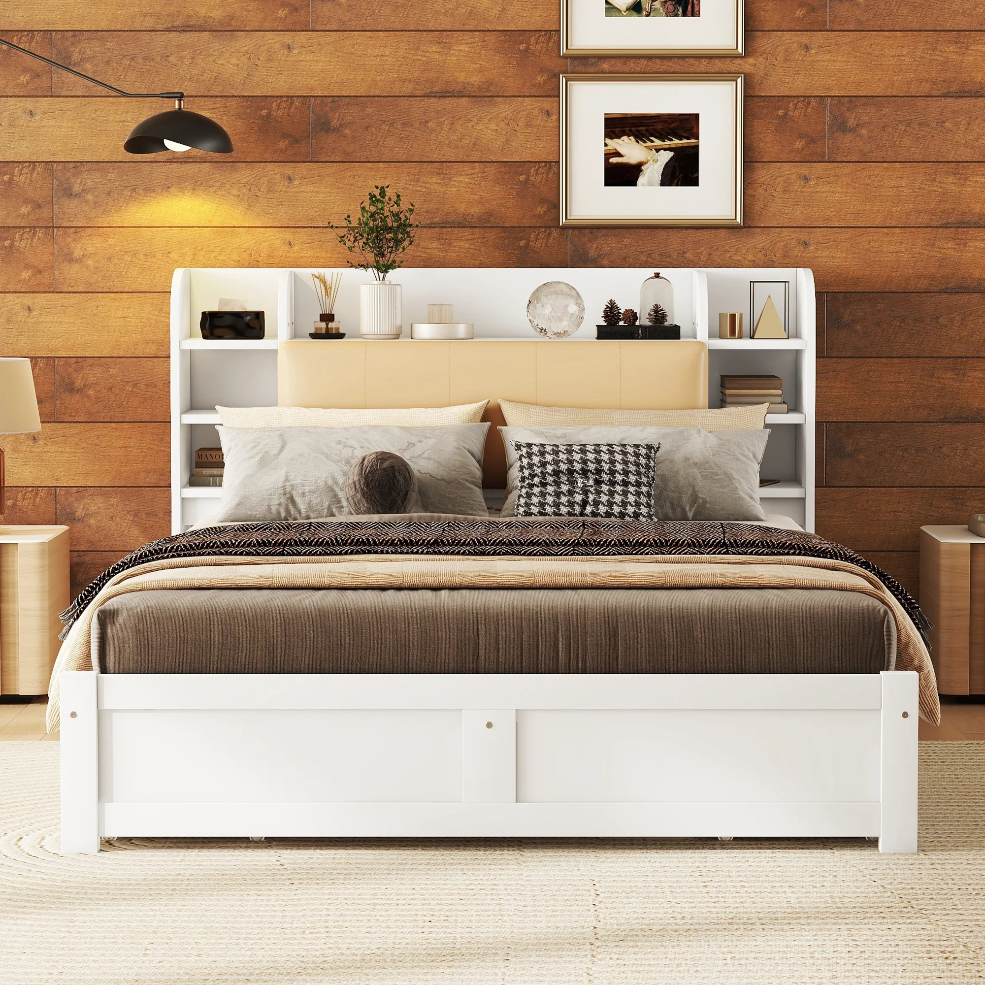 Flat Bed 160x200cm Fold-Down Headboard 4 Drawers Storage - White - Image 4