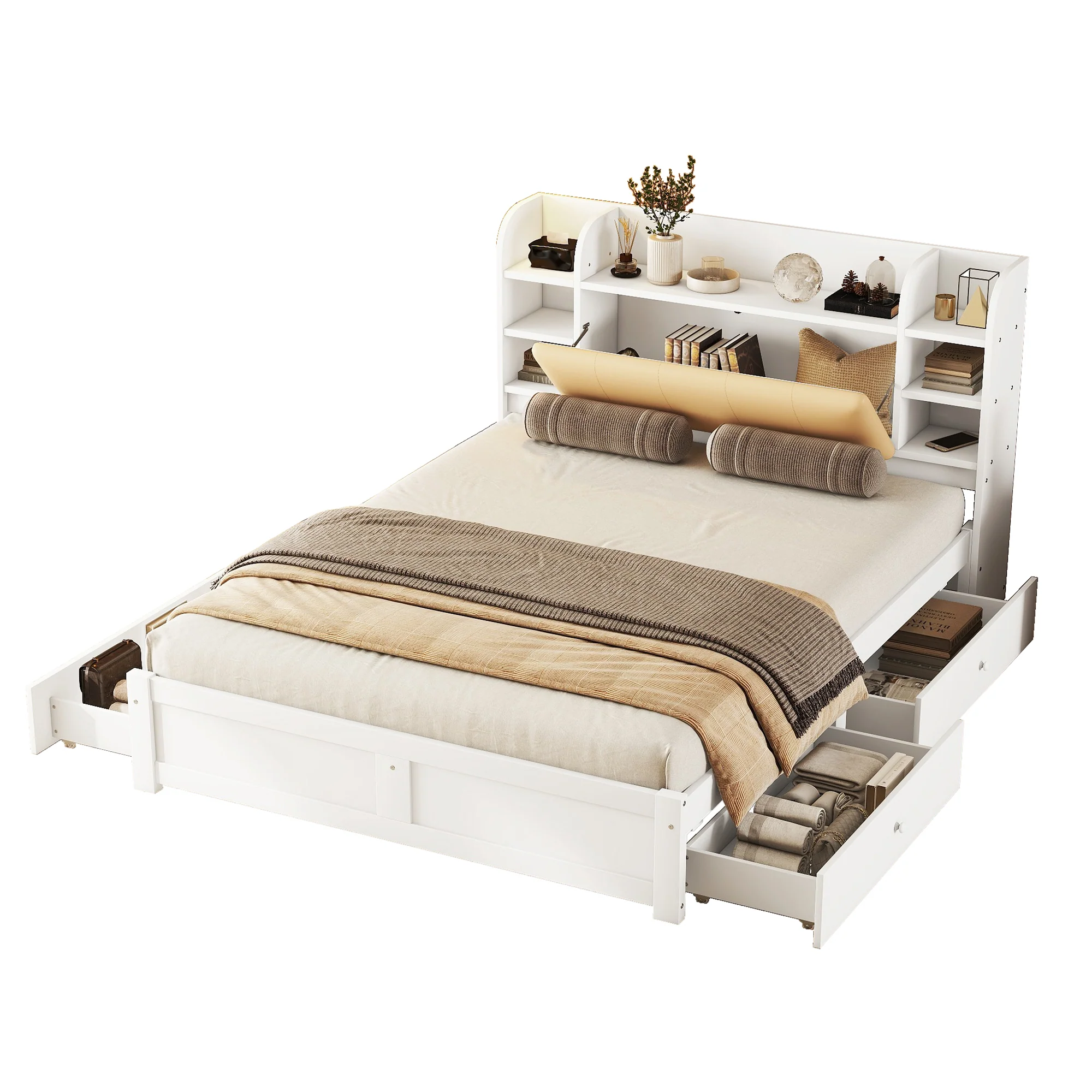 Flat Bed 160x200cm Fold-Down Headboard 4 Drawers Storage - White - Image 5