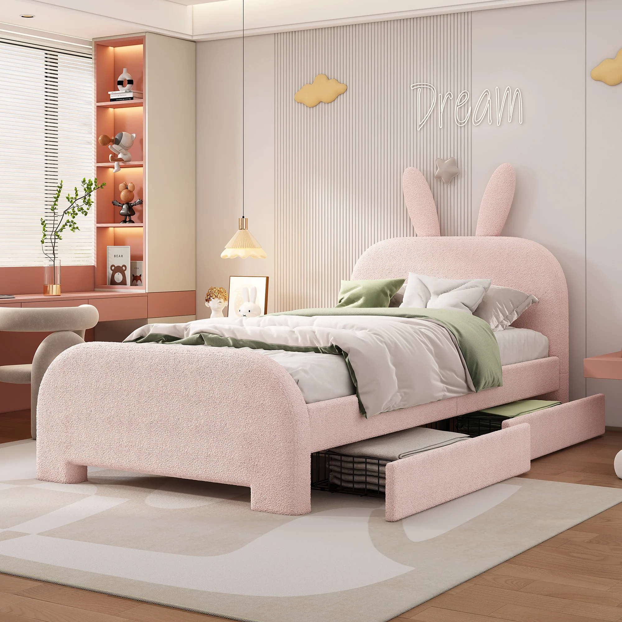 Flat Bed 90x200cm Cartoon Rabbit Shape 2 Drawers - Pink