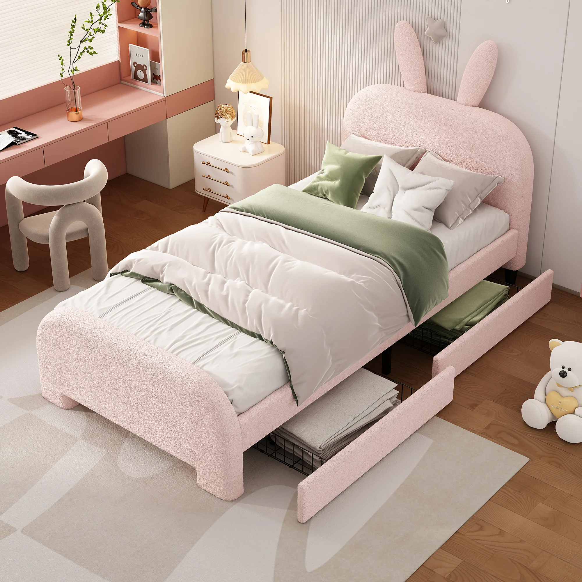 Flat Bed 90x200cm Cartoon Rabbit Shape 2 Drawers - Pink - Image 2