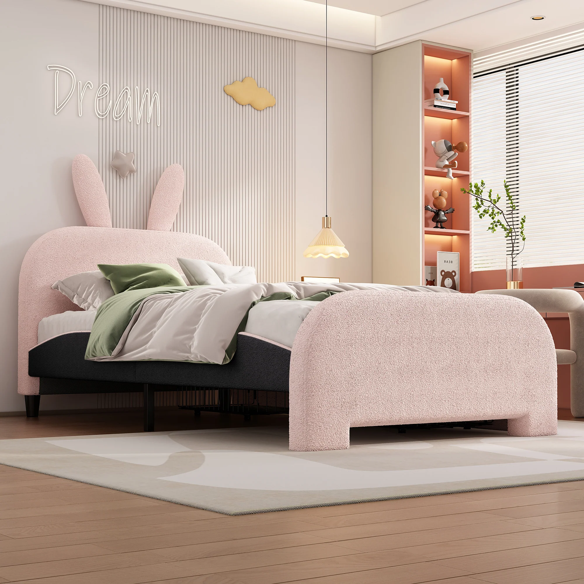 Flat Bed 90x200cm Cartoon Rabbit Shape 2 Drawers - Pink - Image 4
