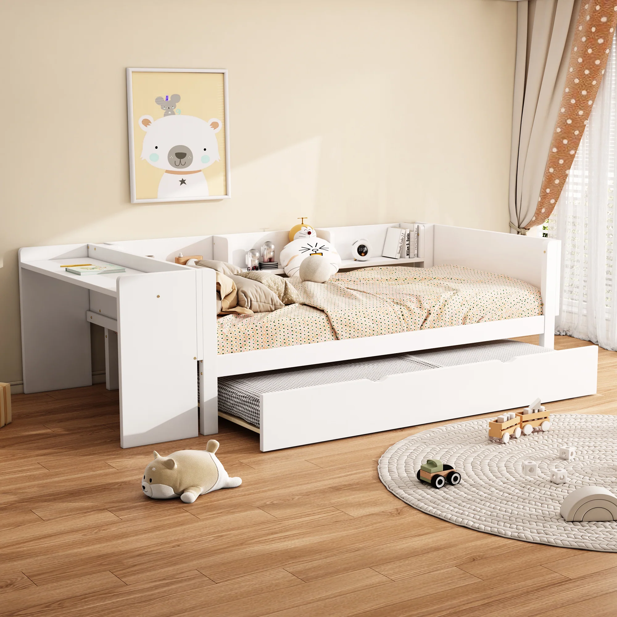 Flat Bed 90x200cm Pull-Out Bed with Desk & 3 Shelves - White