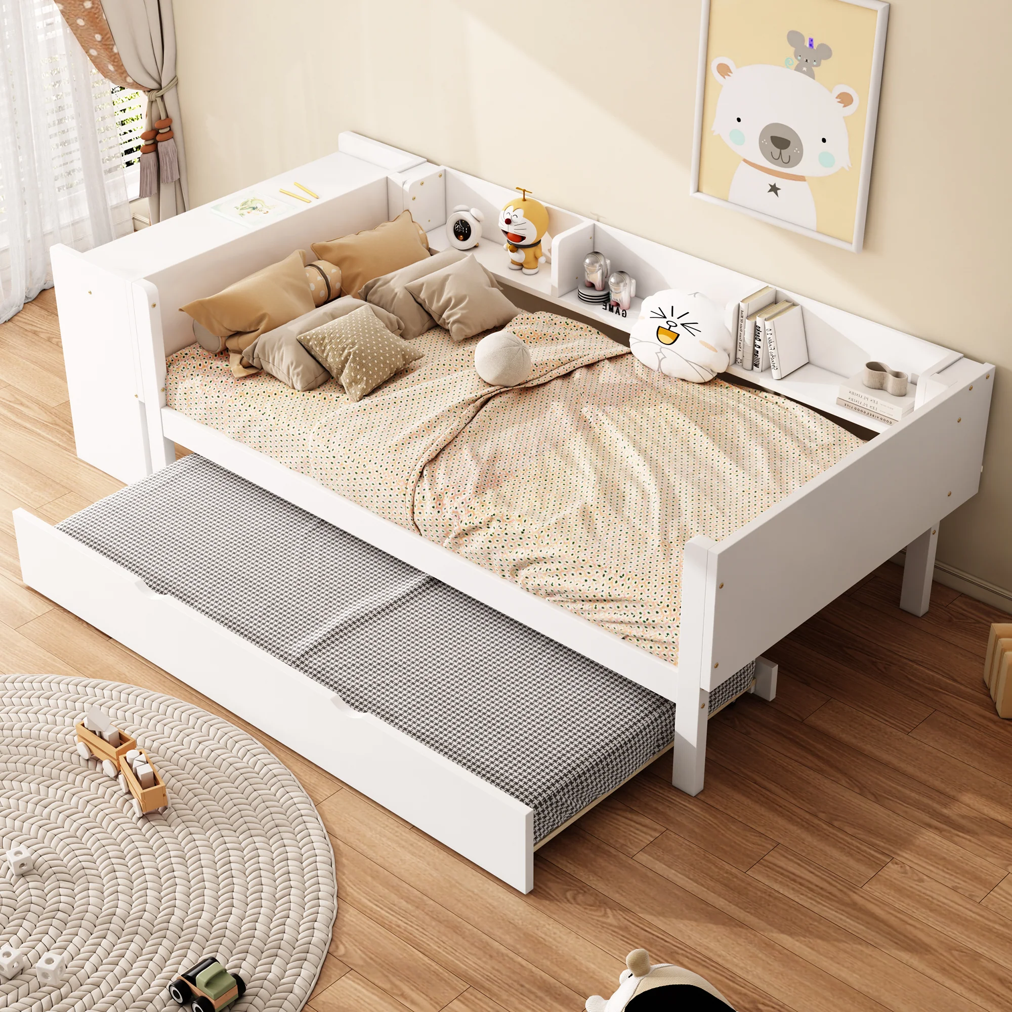 Flat Bed 90x200cm Pull-Out Bed with Desk & 3 Shelves - White - Image 2