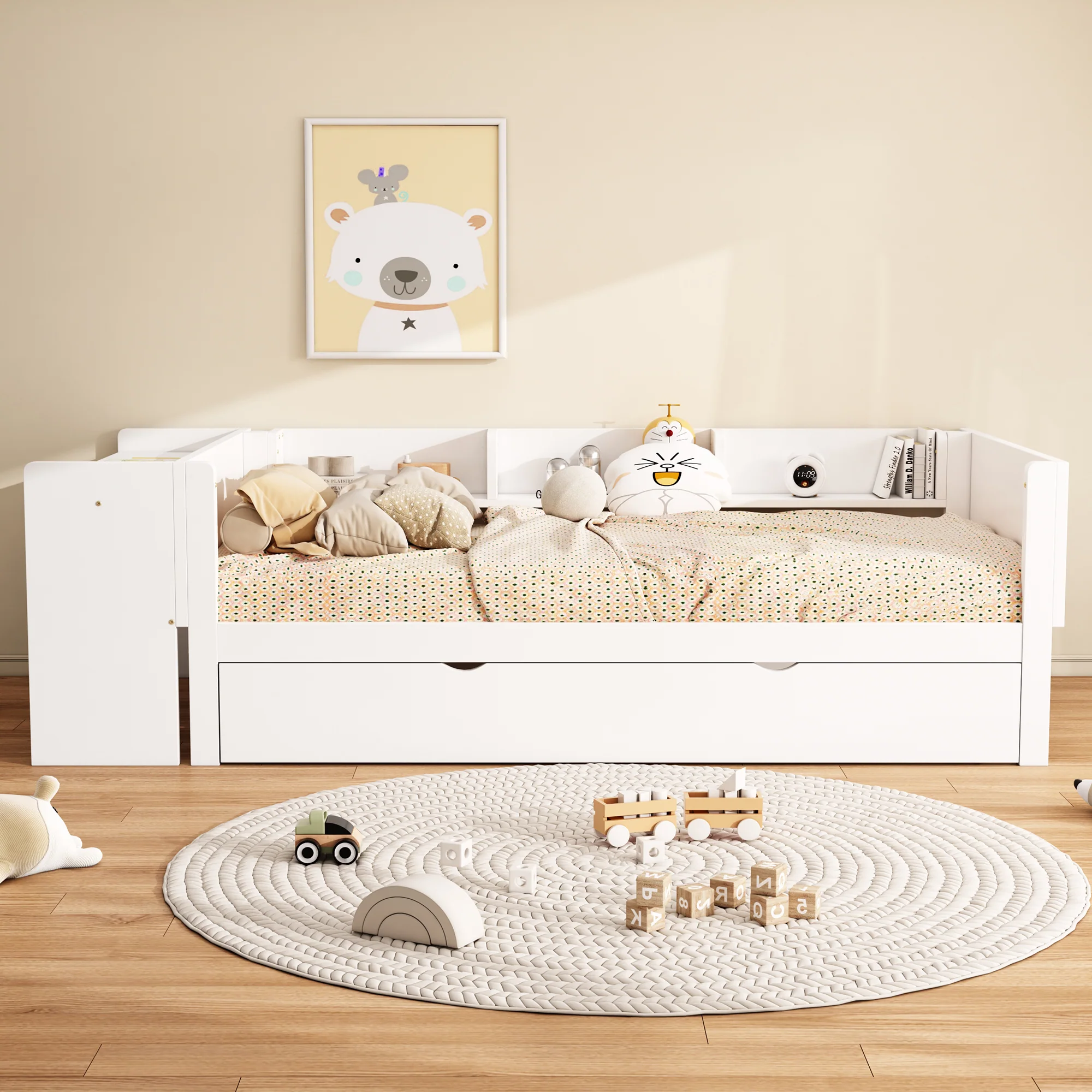 Flat Bed 90x200cm Pull-Out Bed with Desk & 3 Shelves - White - Image 3