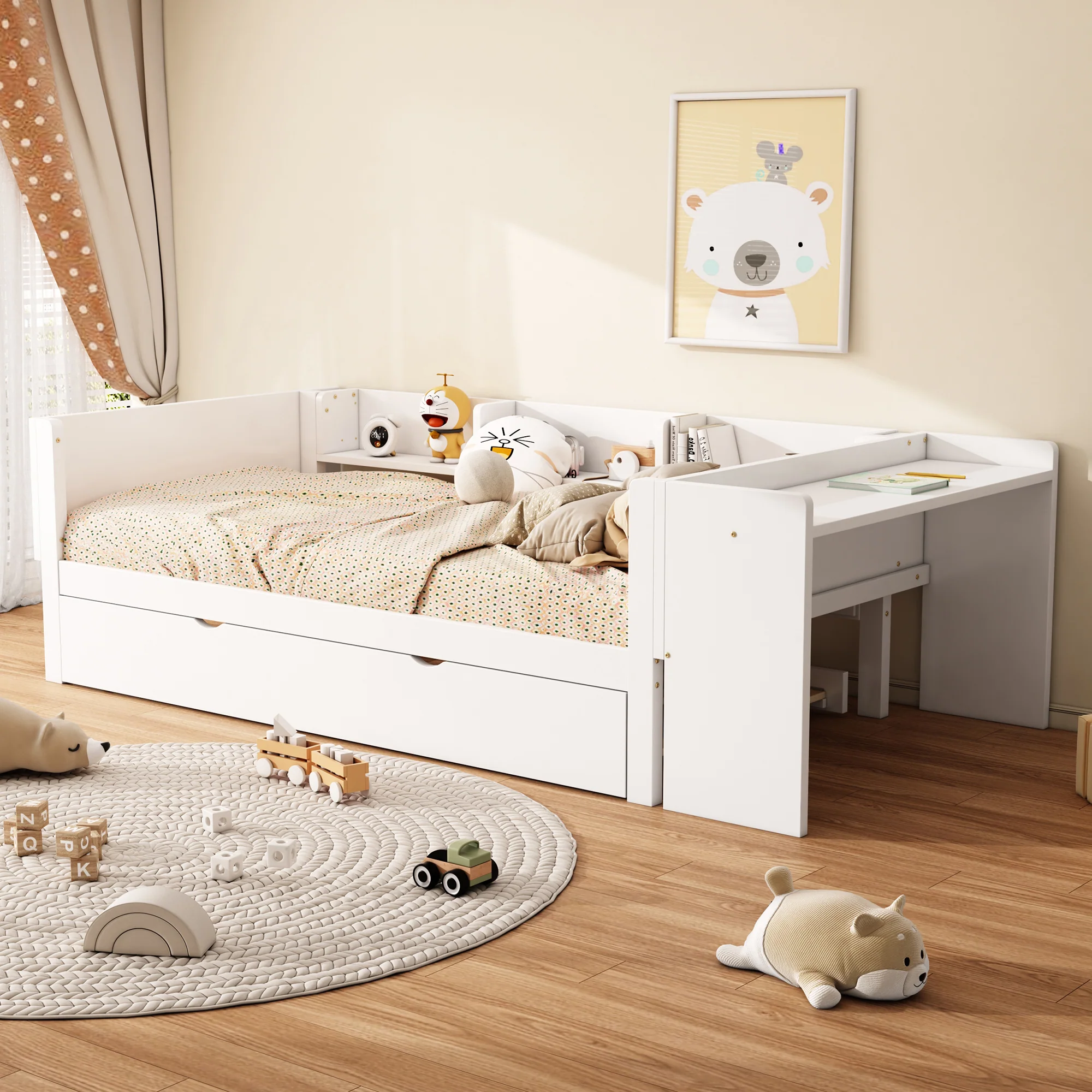 Flat Bed 90x200cm Pull-Out Bed with Desk & 3 Shelves - White - Image 4
