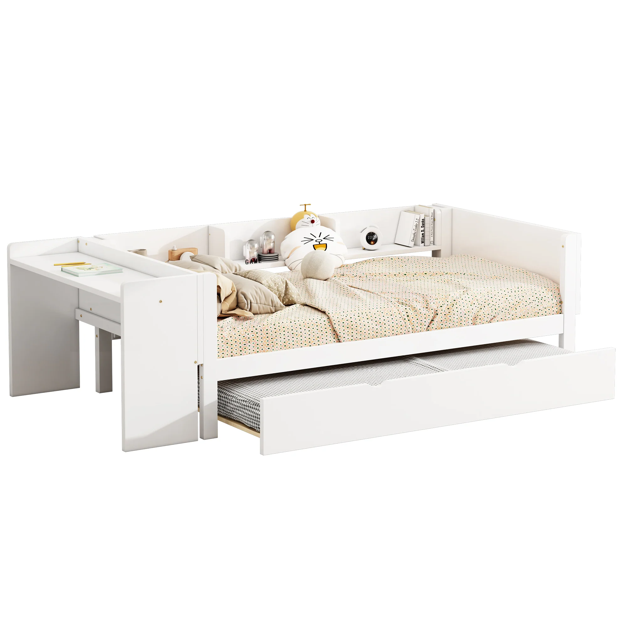 Flat Bed 90x200cm Pull-Out Bed with Desk & 3 Shelves - White - Image 5