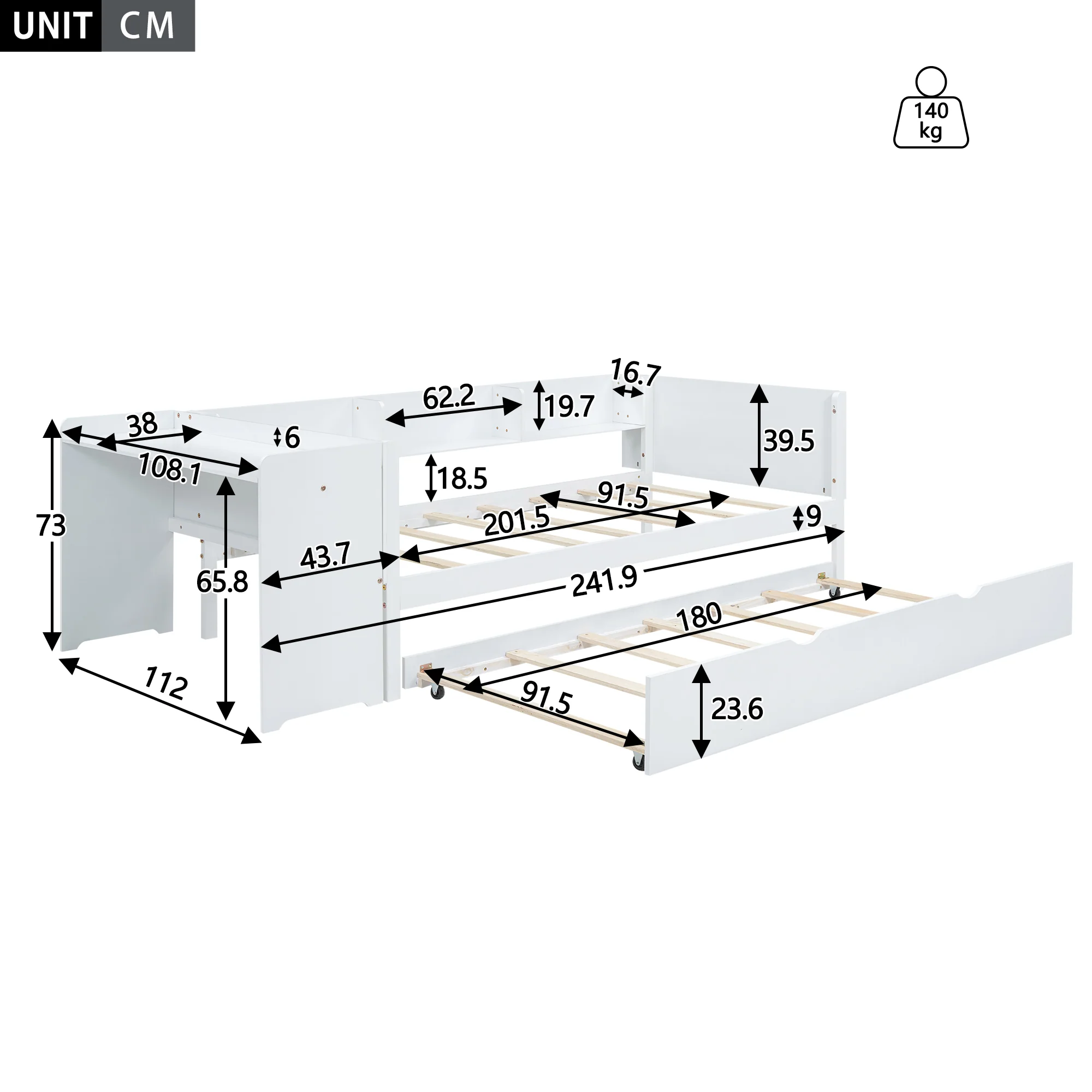 Flat Bed 90x200cm Pull-Out Bed with Desk & 3 Shelves - White - Image 6
