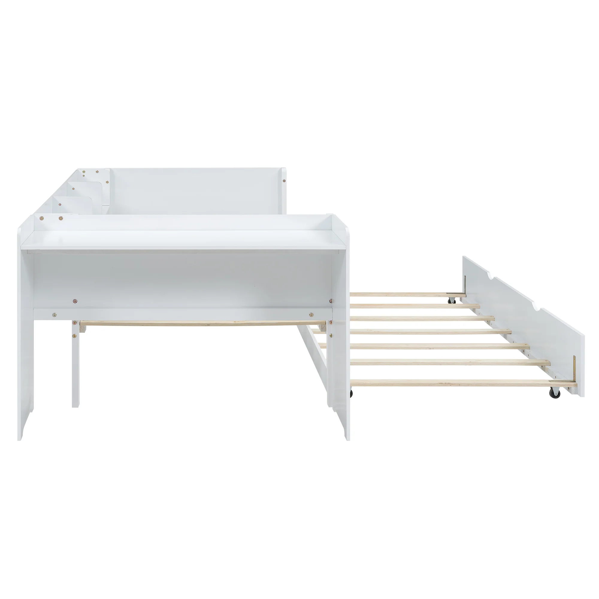 Flat Bed 90x200cm Pull-Out Bed with Desk & 3 Shelves - White - Image 8