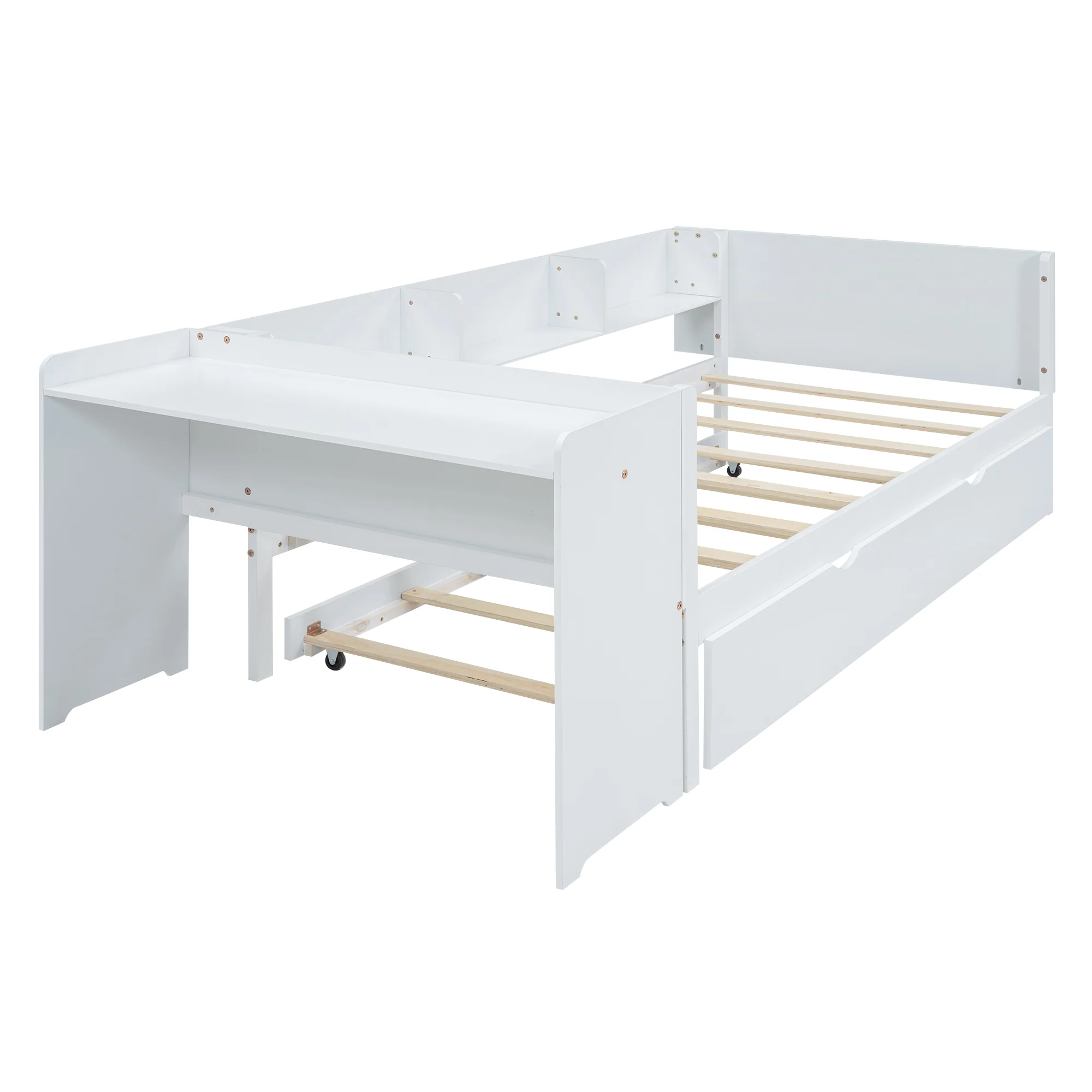 Flat Bed 90x200cm Pull-Out Bed with Desk & 3 Shelves - White - Image 9