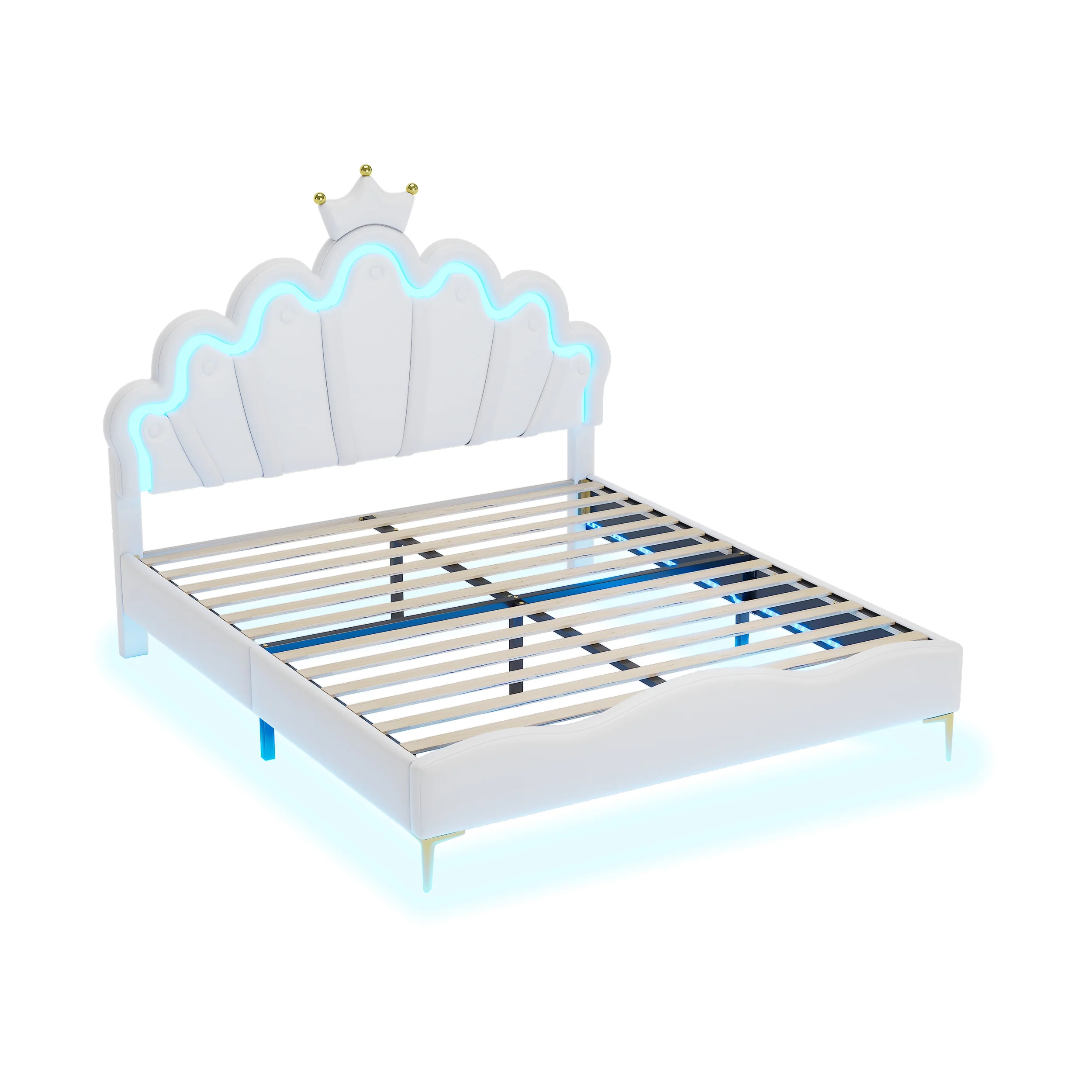 Flat Double Bed 140x200cm Crown-Shaped PU Leather Adjustable LED - White - Image 10