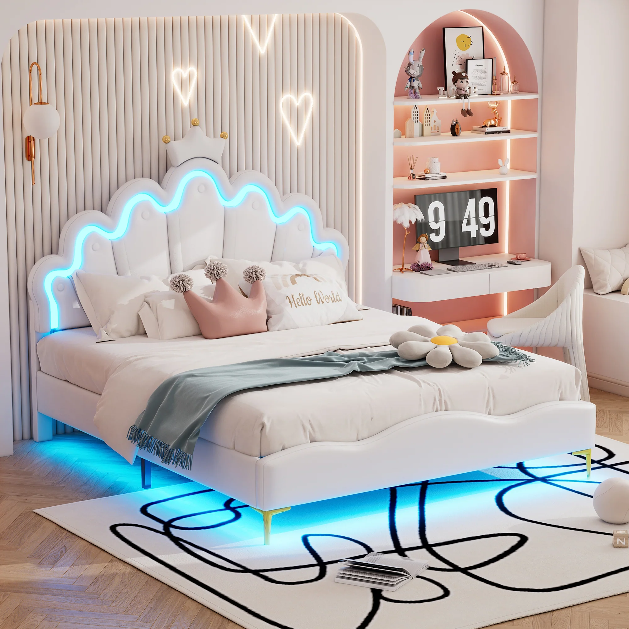 Flat Double Bed 140x200cm Crown-Shaped PU Leather Adjustable LED - White - Image 3