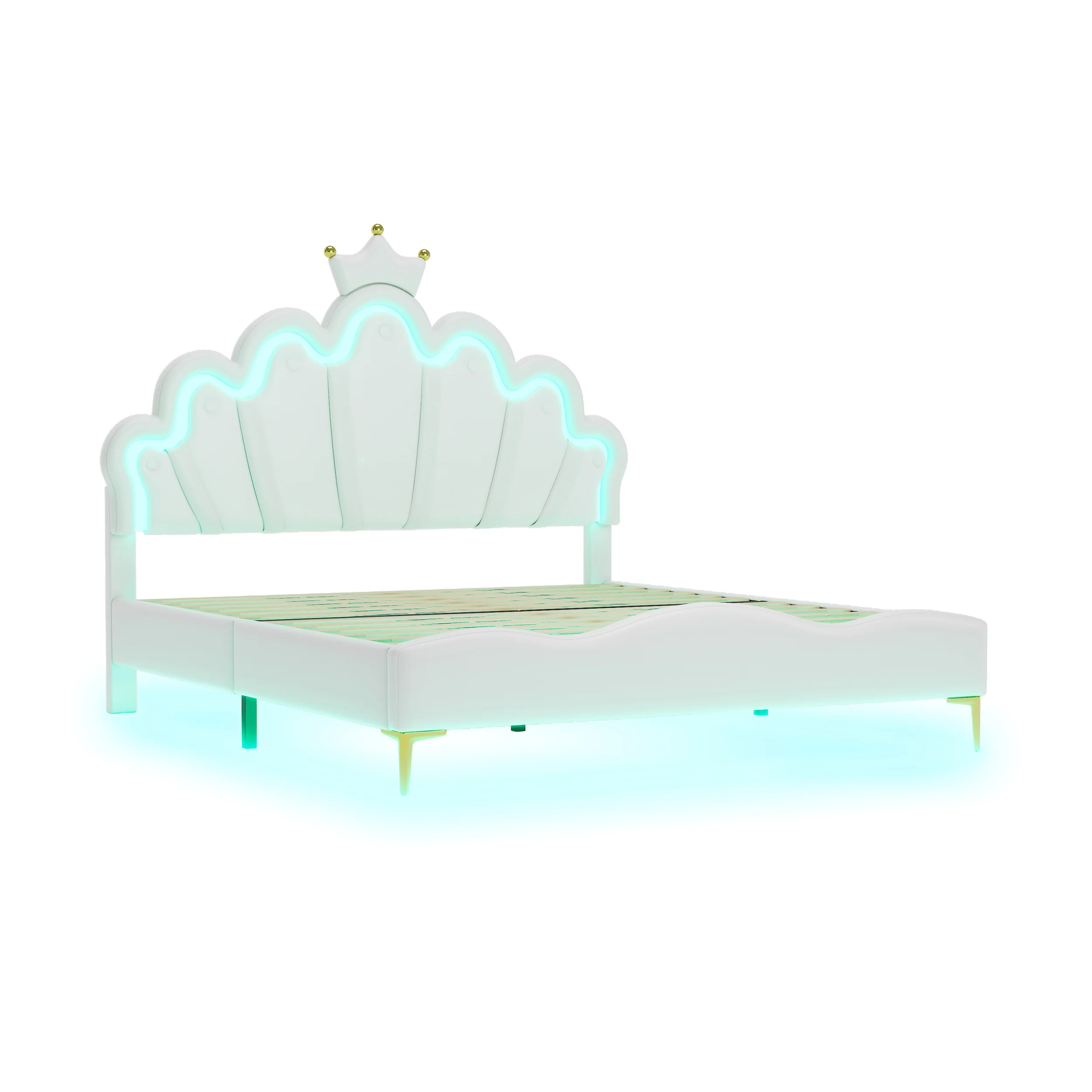 Flat Double Bed 140x200cm Crown-Shaped PU Leather Adjustable LED - White - Image 6
