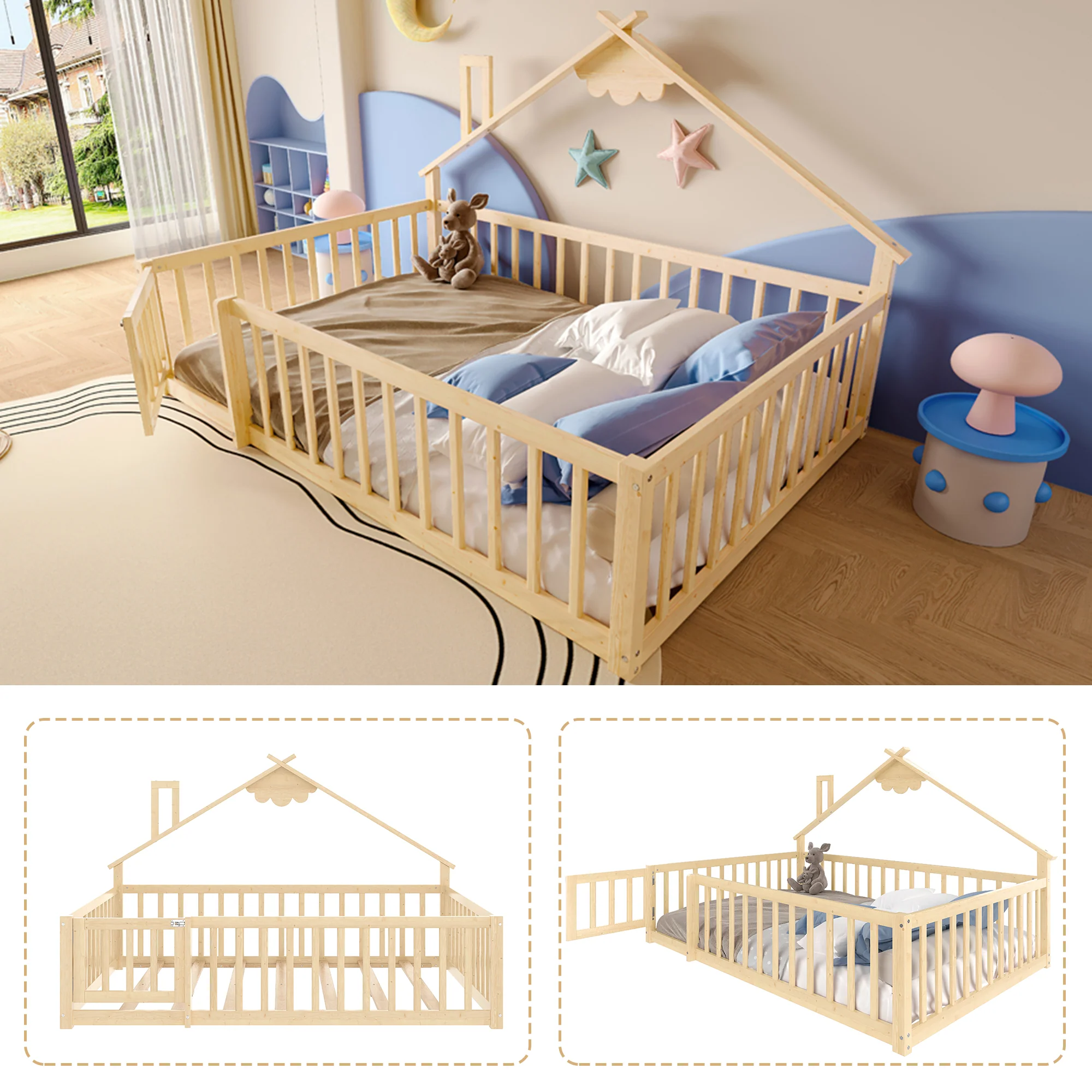 Flatbed 140x190cm House Rail with Lock - Pine Wood Natural - Image 10