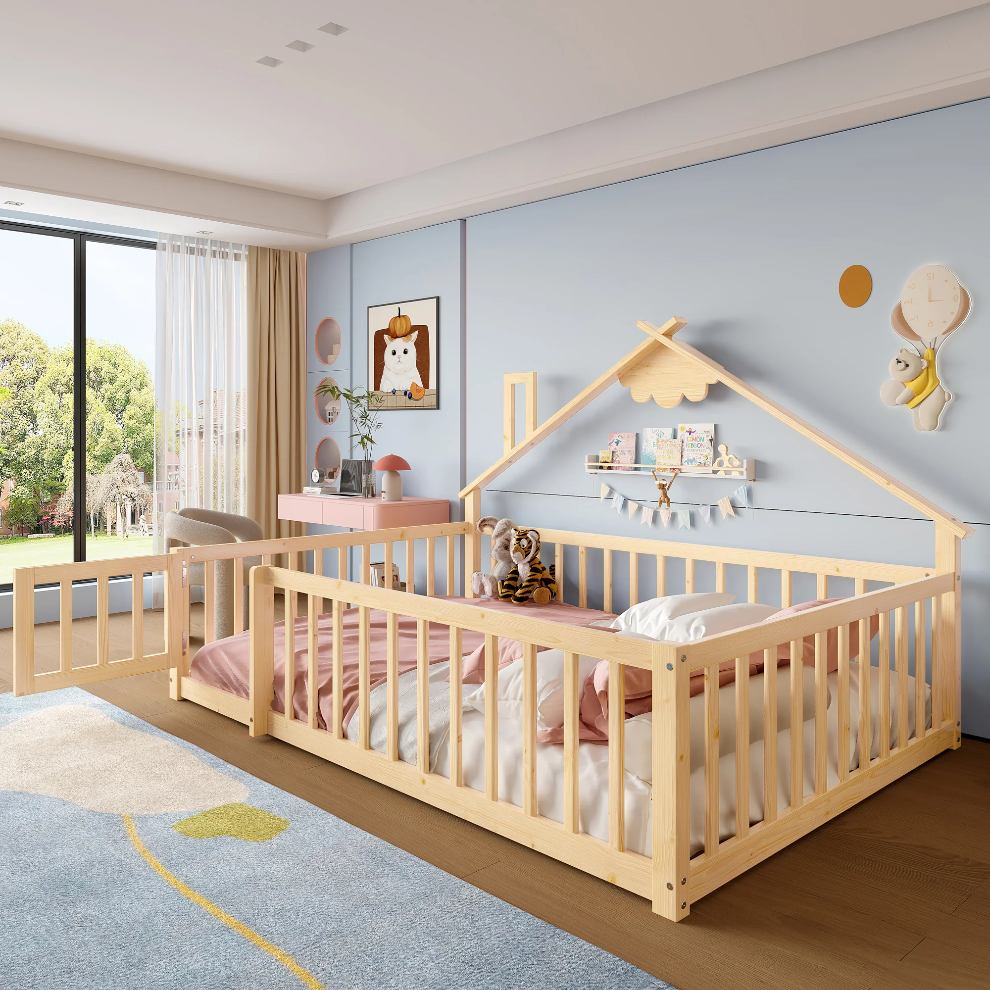 Flatbed 140x190cm House Rail with Lock - Pine Wood Natural - Image 2