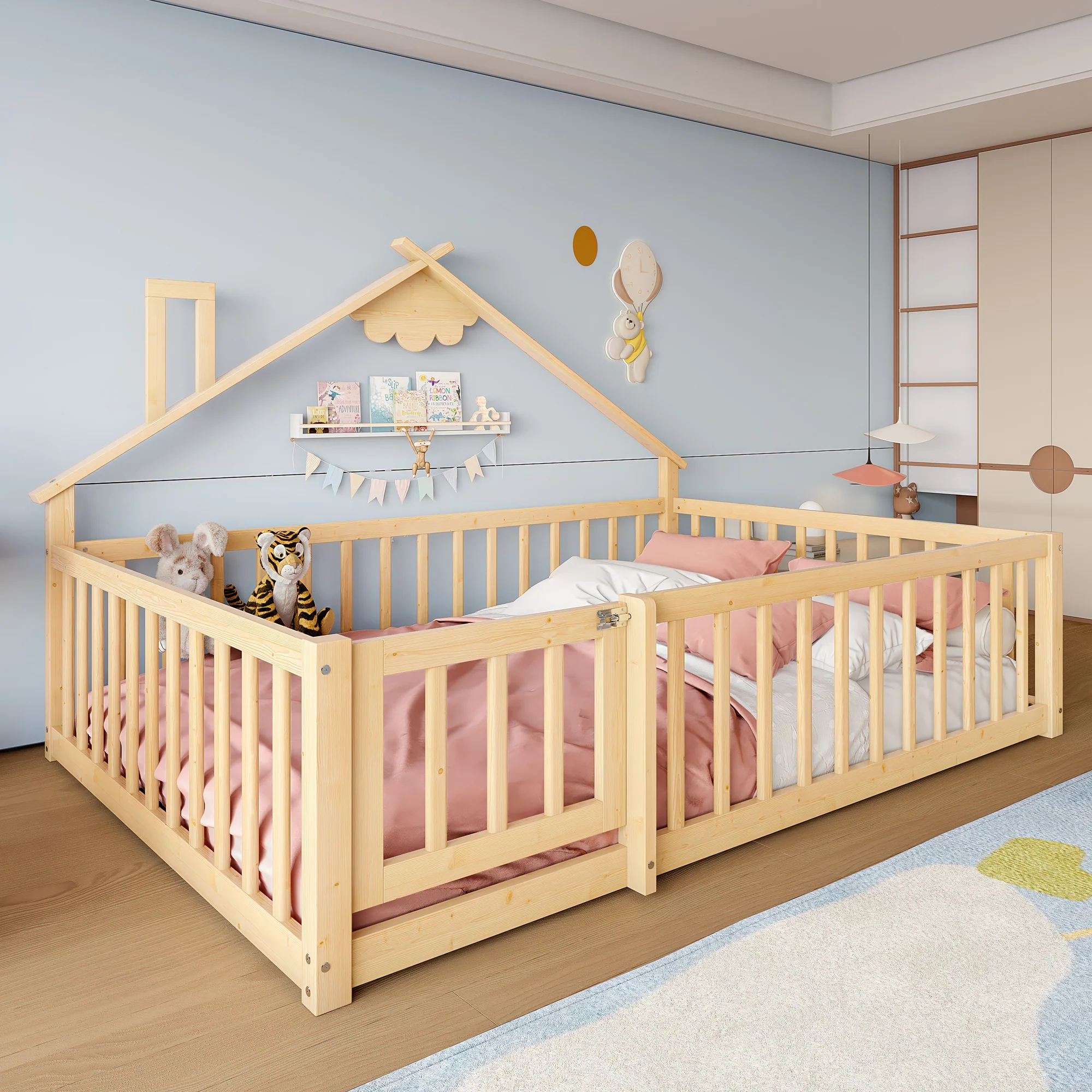 Flatbed 140x190cm House Rail with Lock - Pine Wood Natural - Image 3