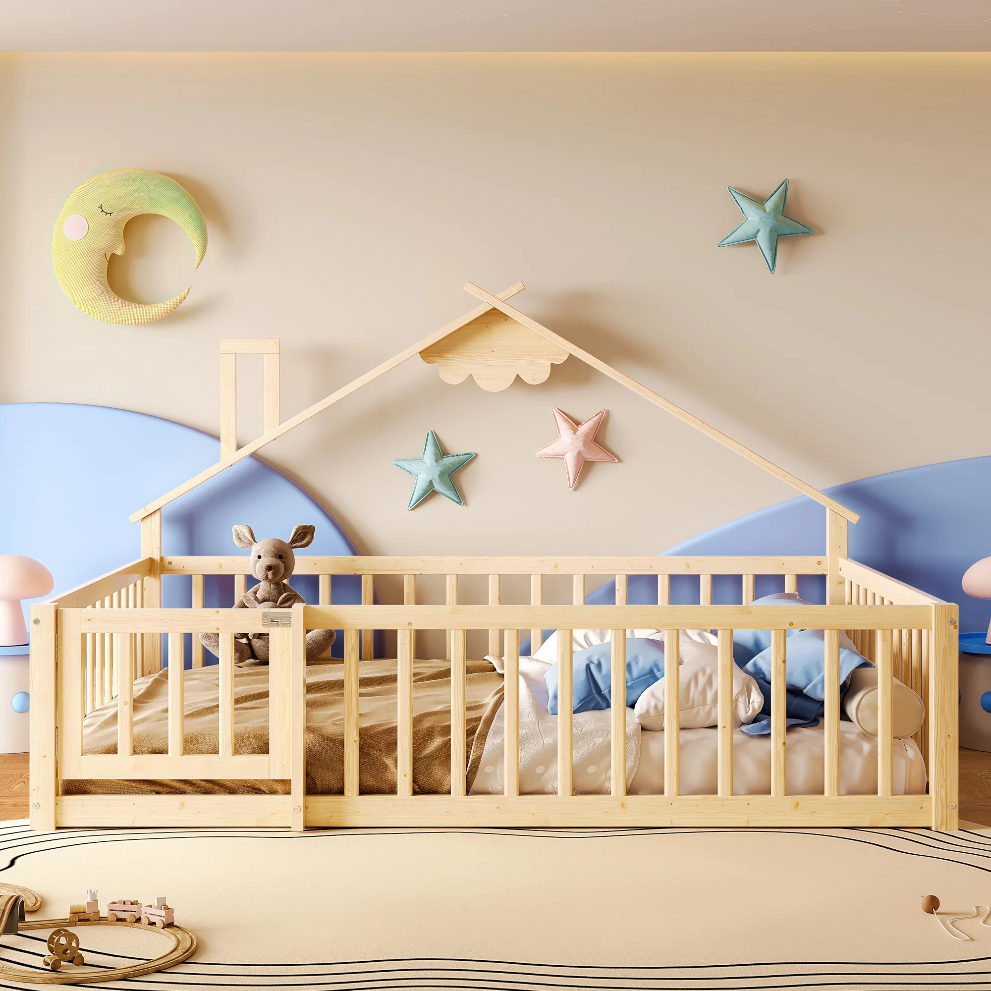 Flatbed 140x190cm House Rail with Lock - Pine Wood Natural - Image 4