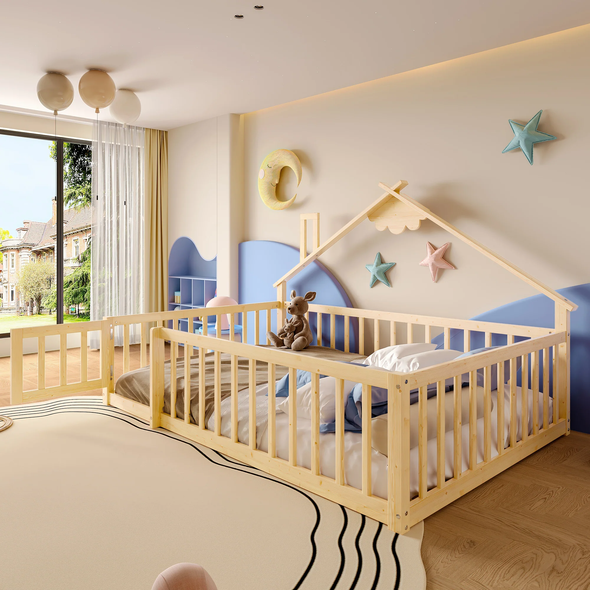 Flatbed 140x190cm House Rail with Lock - Pine Wood Natural - Image 5