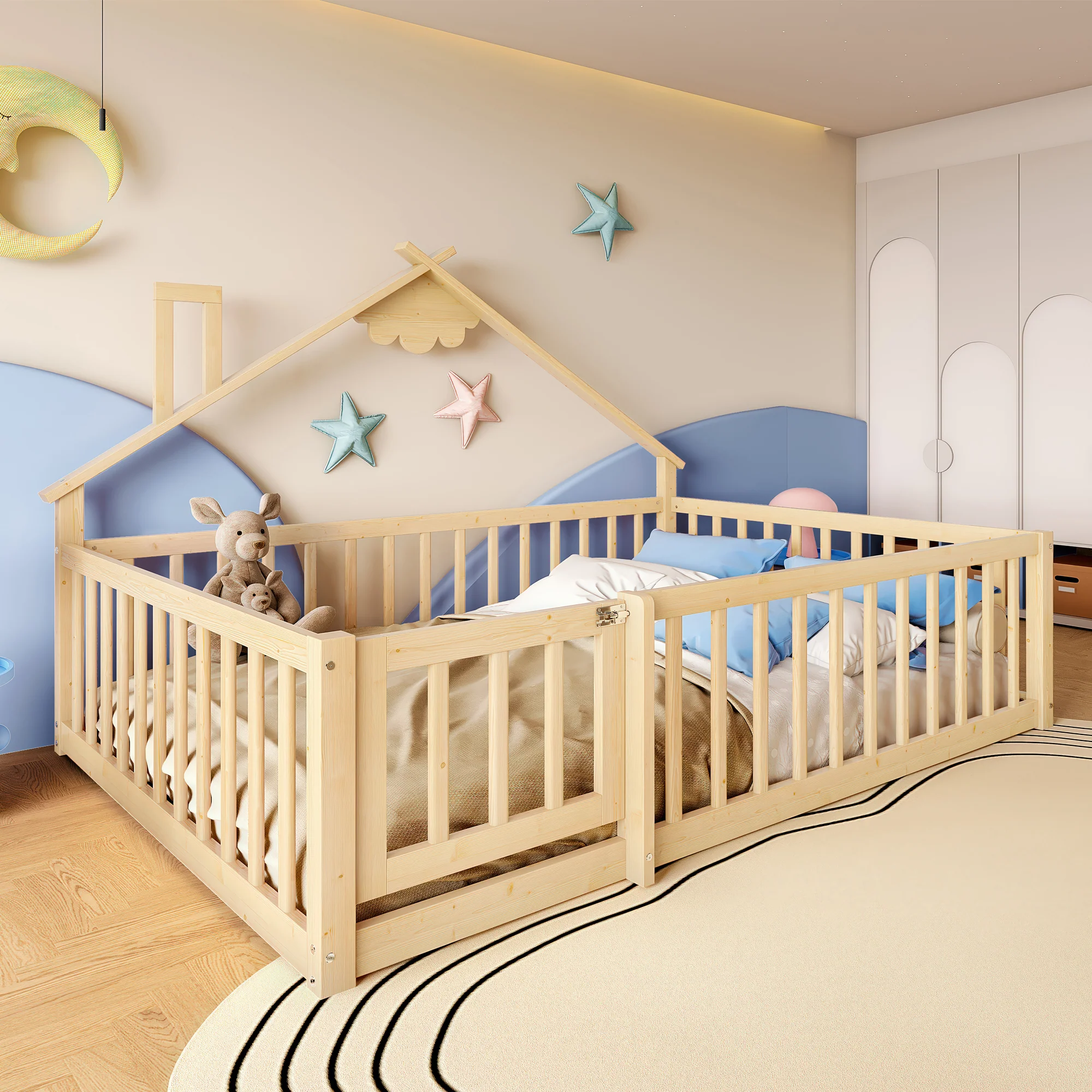 Flatbed 140x190cm House Rail with Lock - Pine Wood Natural - Image 6