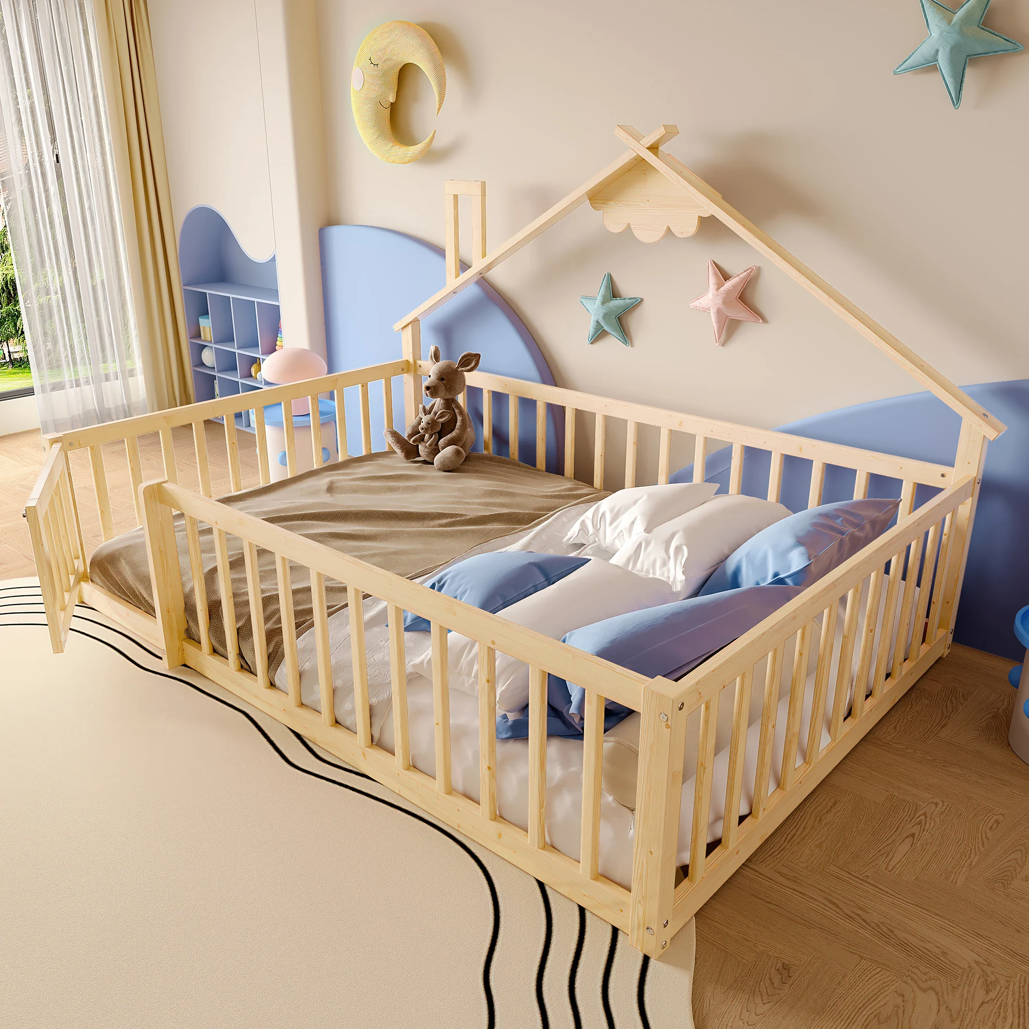 Flatbed 140x190cm House Rail with Lock - Pine Wood Natural - Image 7