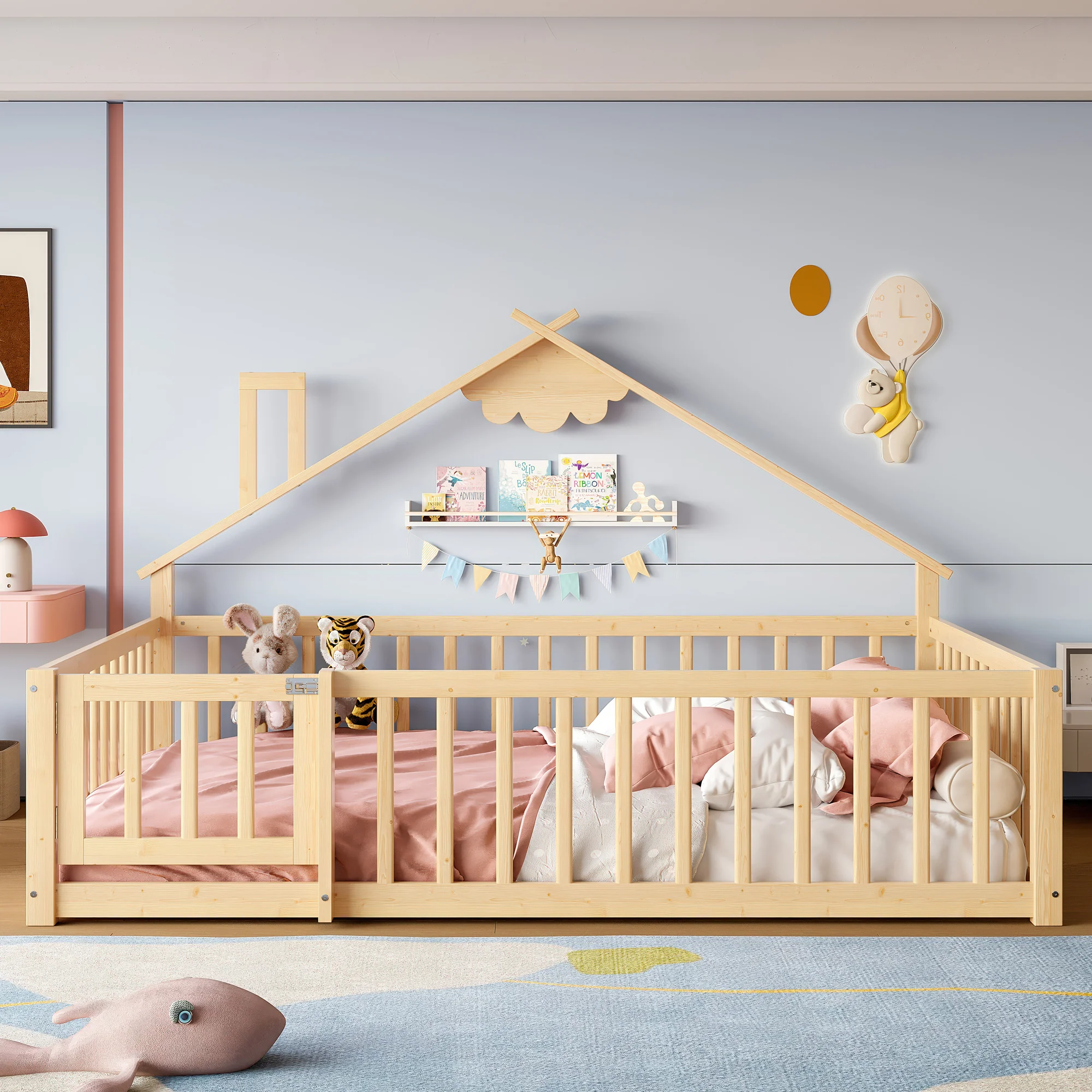 Flatbed 140x190cm House Rail with Lock - Pine Wood Natural - Image 8