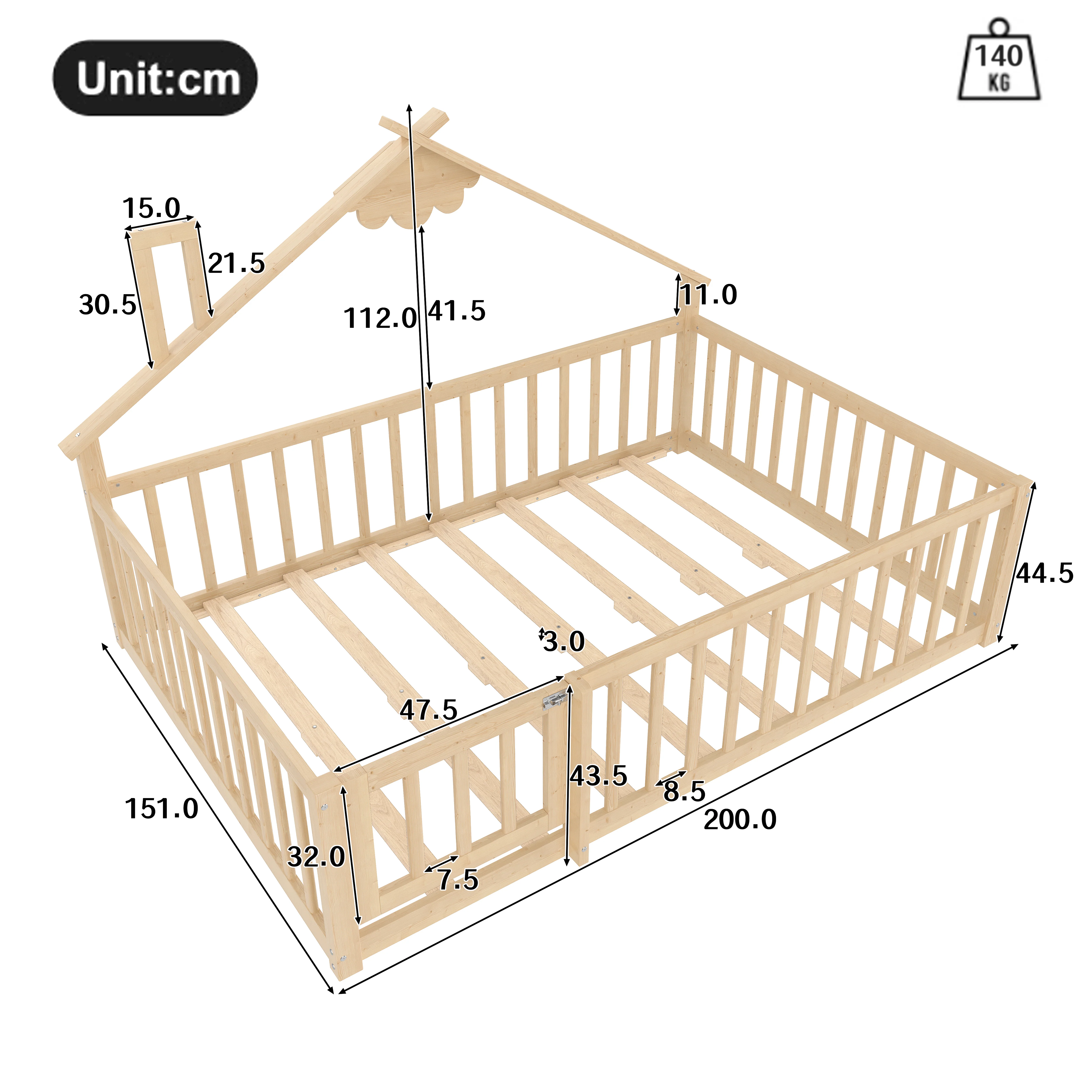 Flatbed 140x190cm House Rail with Lock - Pine Wood Natural - Image 9