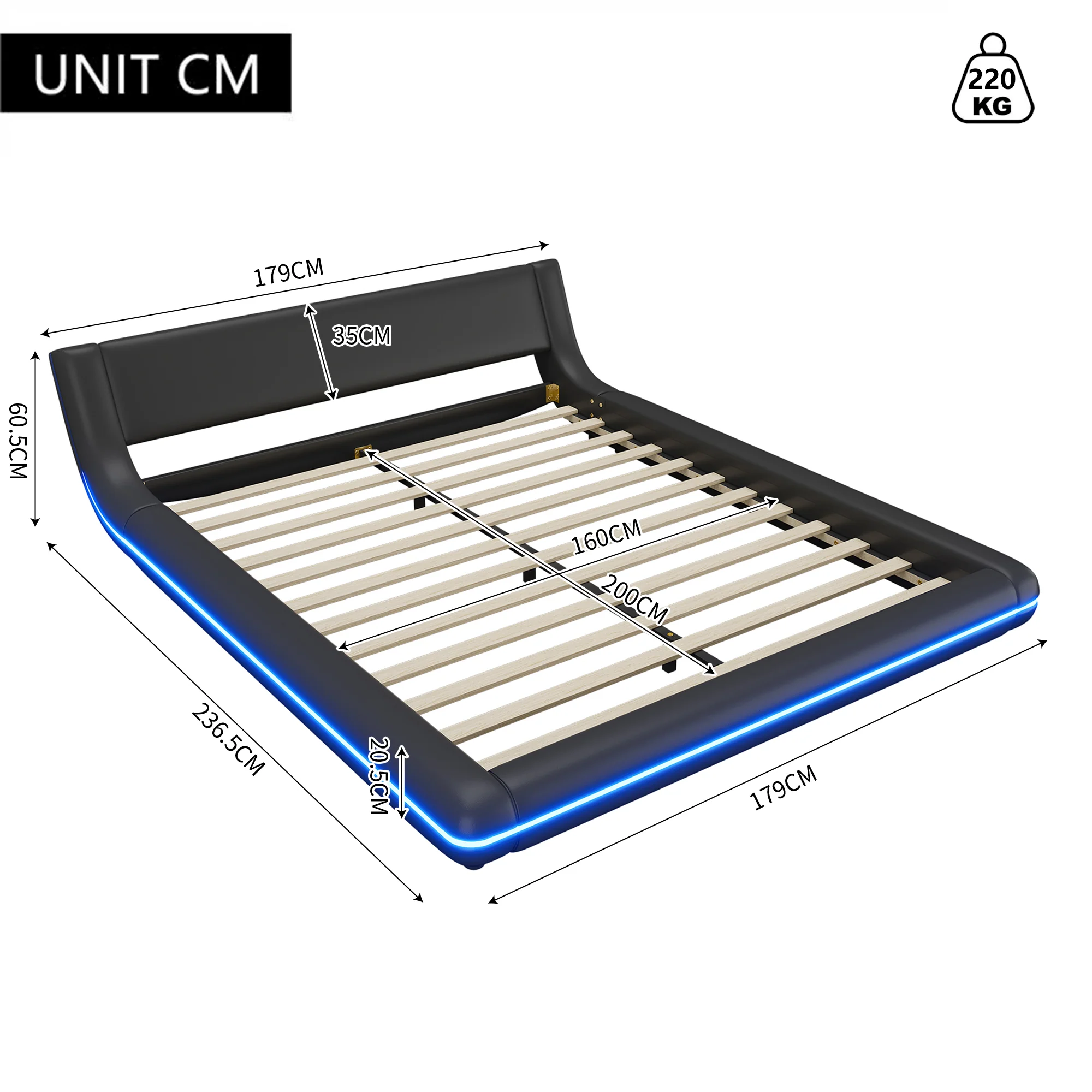 Flatbed Floor Bed 160x200cm with LED Ambient Light PU Black - Image 7