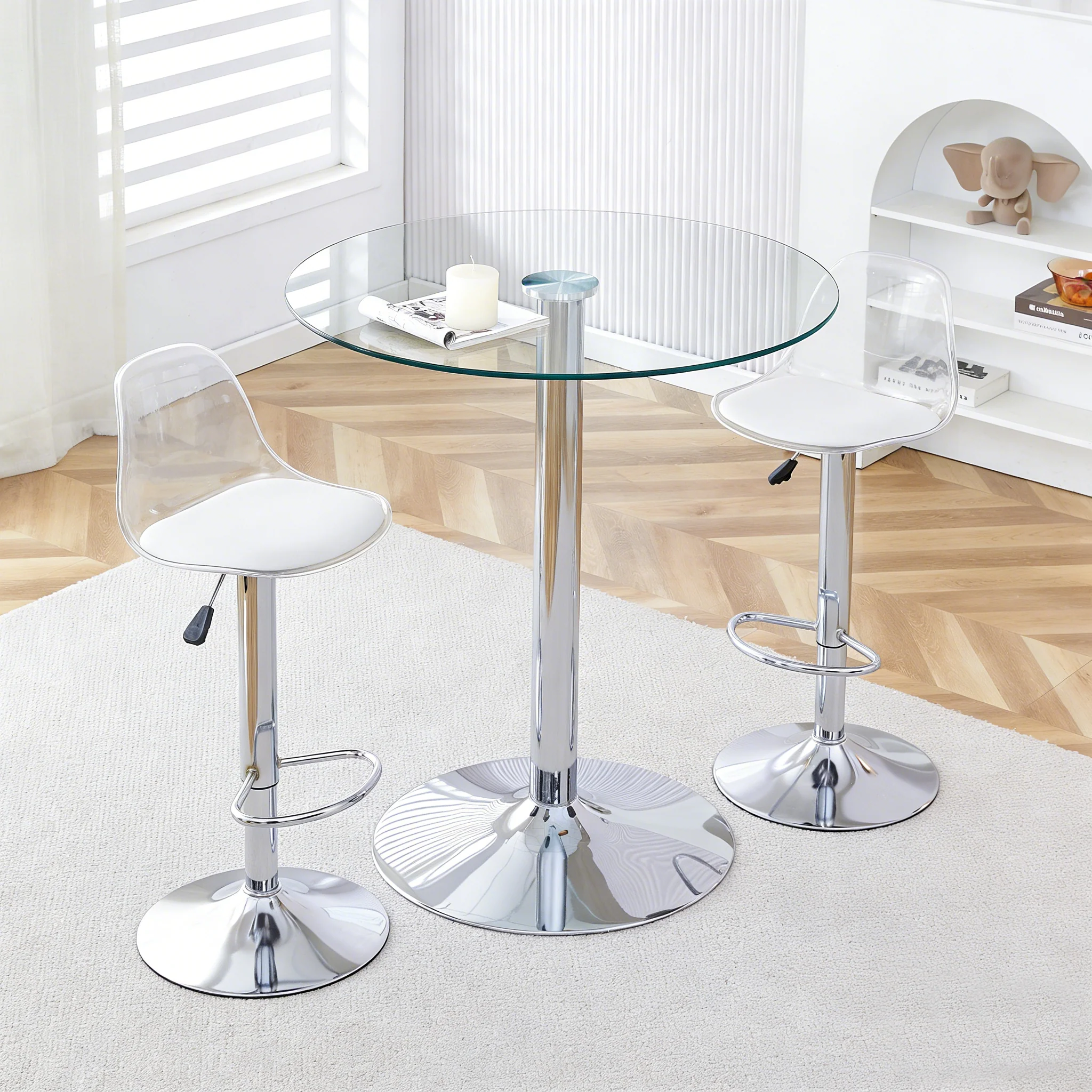Flexible Bar Set 89cm Glass Table with 2 Height-Adjustable Swivel Stools Silver Legs