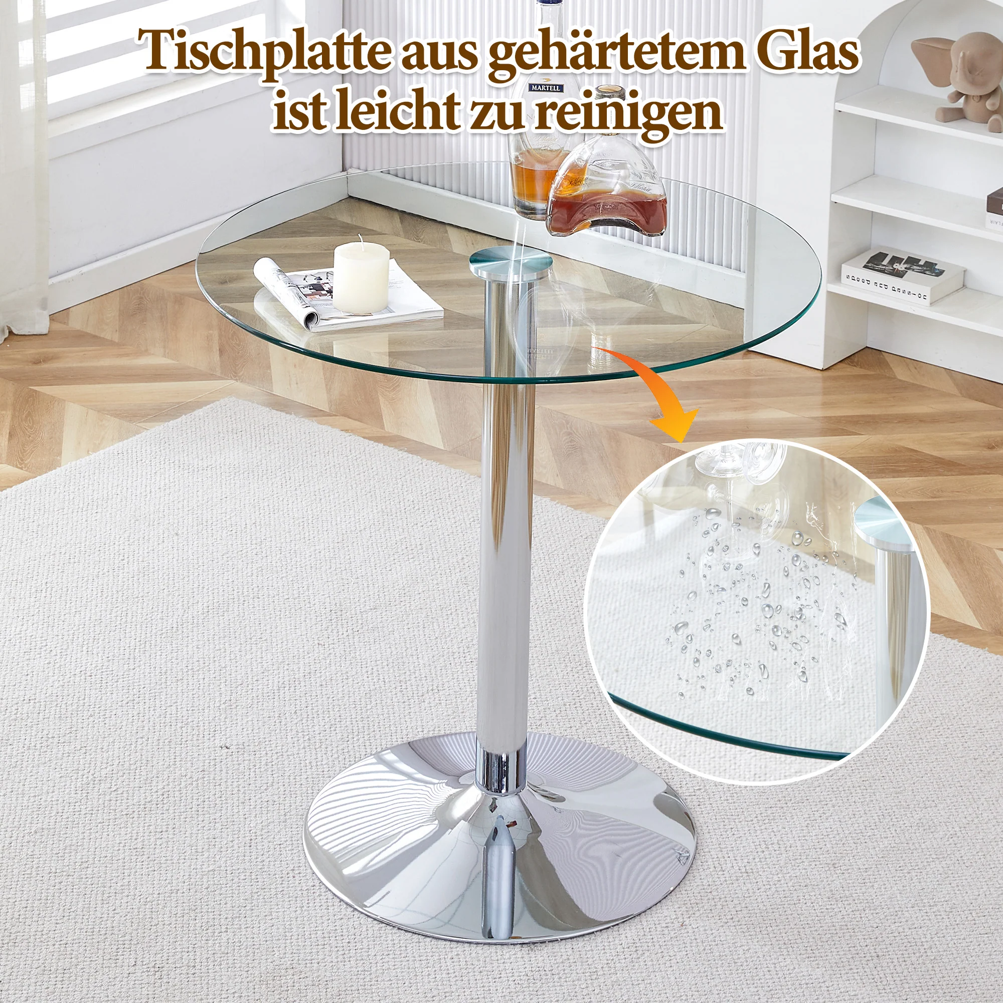 Flexible Bar Set 89cm Glass Table with 2 Height-Adjustable Swivel Stools Silver Legs - Image 10