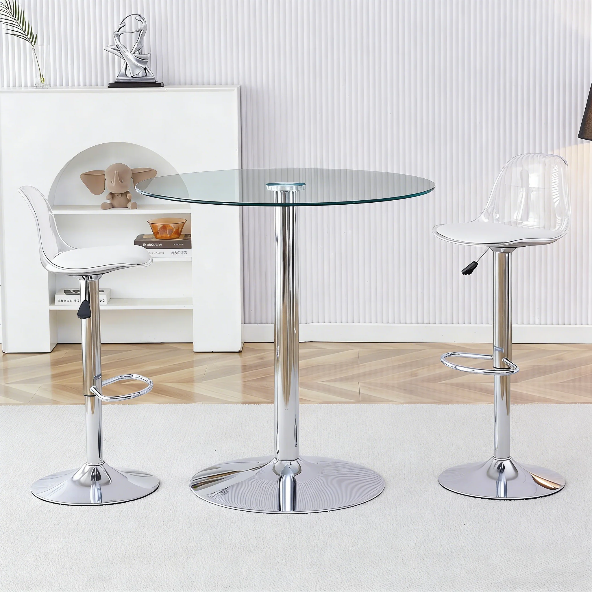 Flexible Bar Set 89cm Glass Table with 2 Height-Adjustable Swivel Stools Silver Legs - Image 2