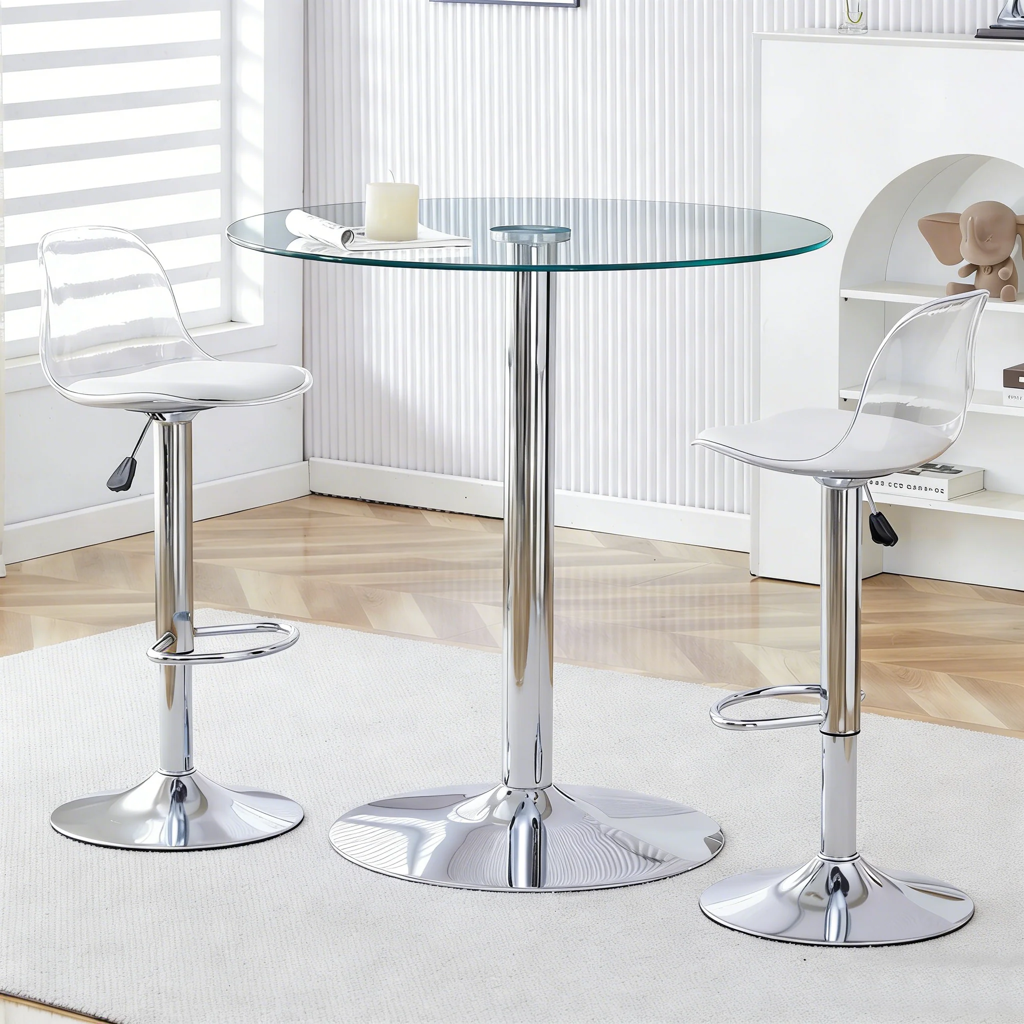 Flexible Bar Set 89cm Glass Table with 2 Height-Adjustable Swivel Stools Silver Legs - Image 3