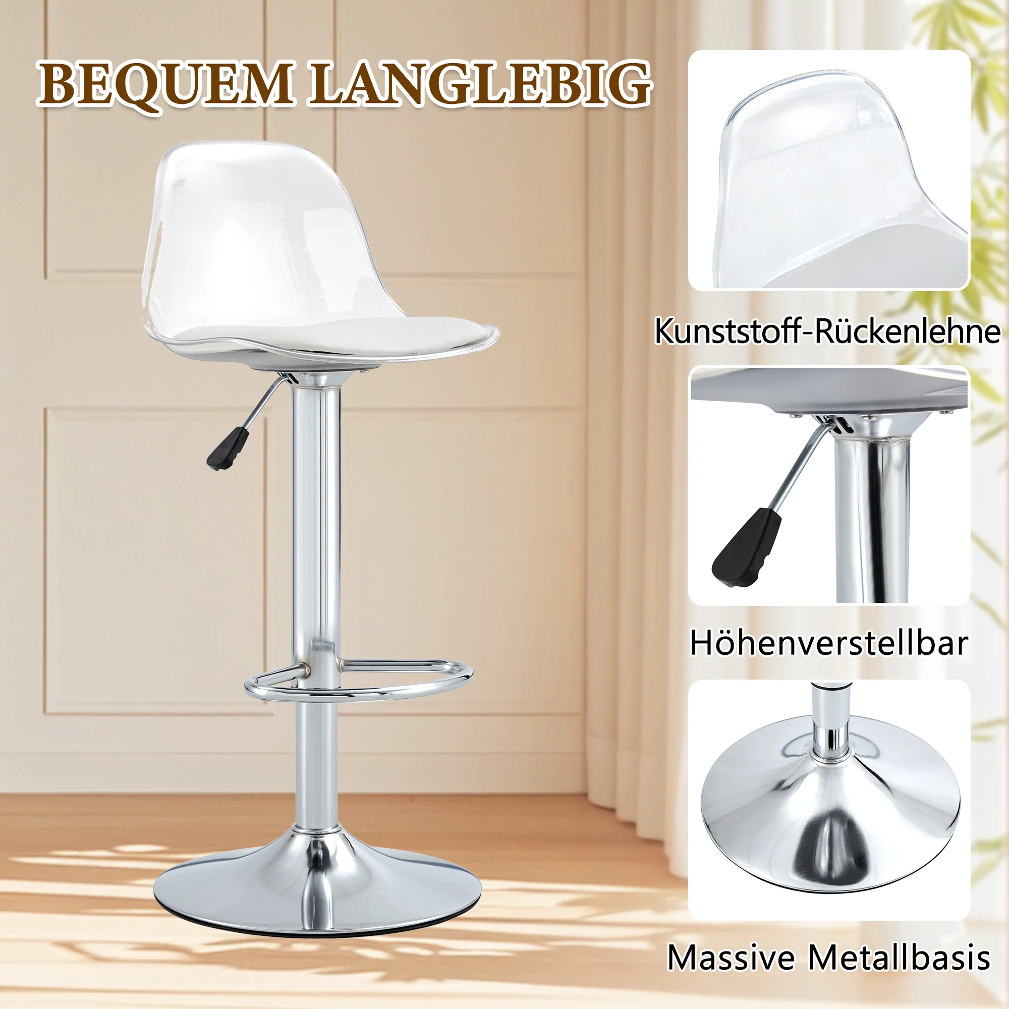 Flexible Bar Set 89cm Glass Table with 2 Height-Adjustable Swivel Stools Silver Legs - Image 7
