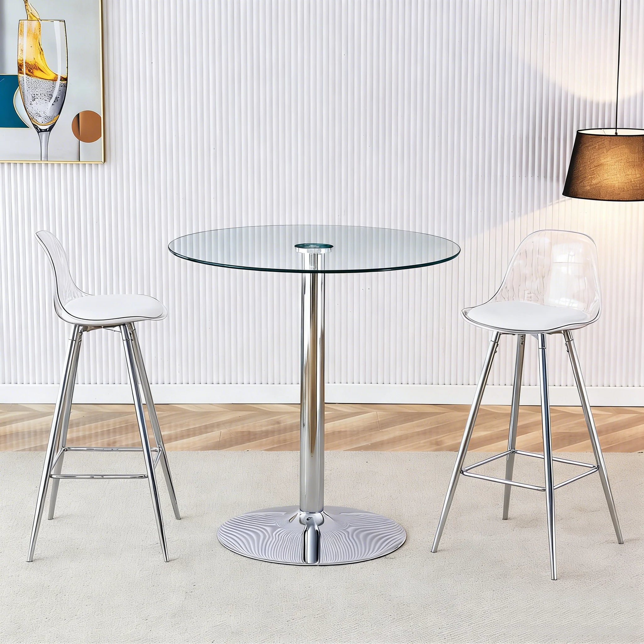 Flexible Bar Set Round Glass Table 89cm 2 Stools - Glass/Silver Legs - Image 2