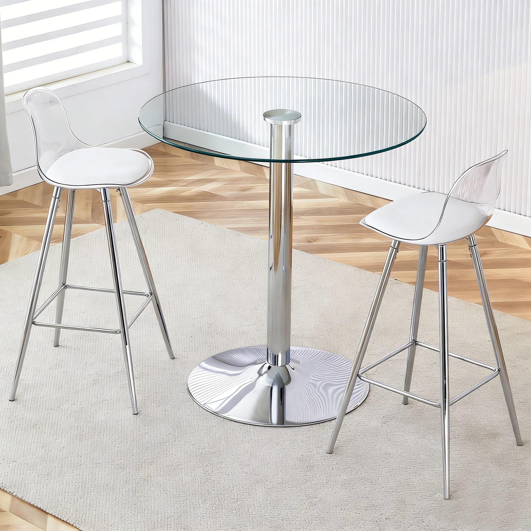 Flexible Bar Set Round Glass Table 89cm 2 Stools - Glass/Silver Legs - Image 3