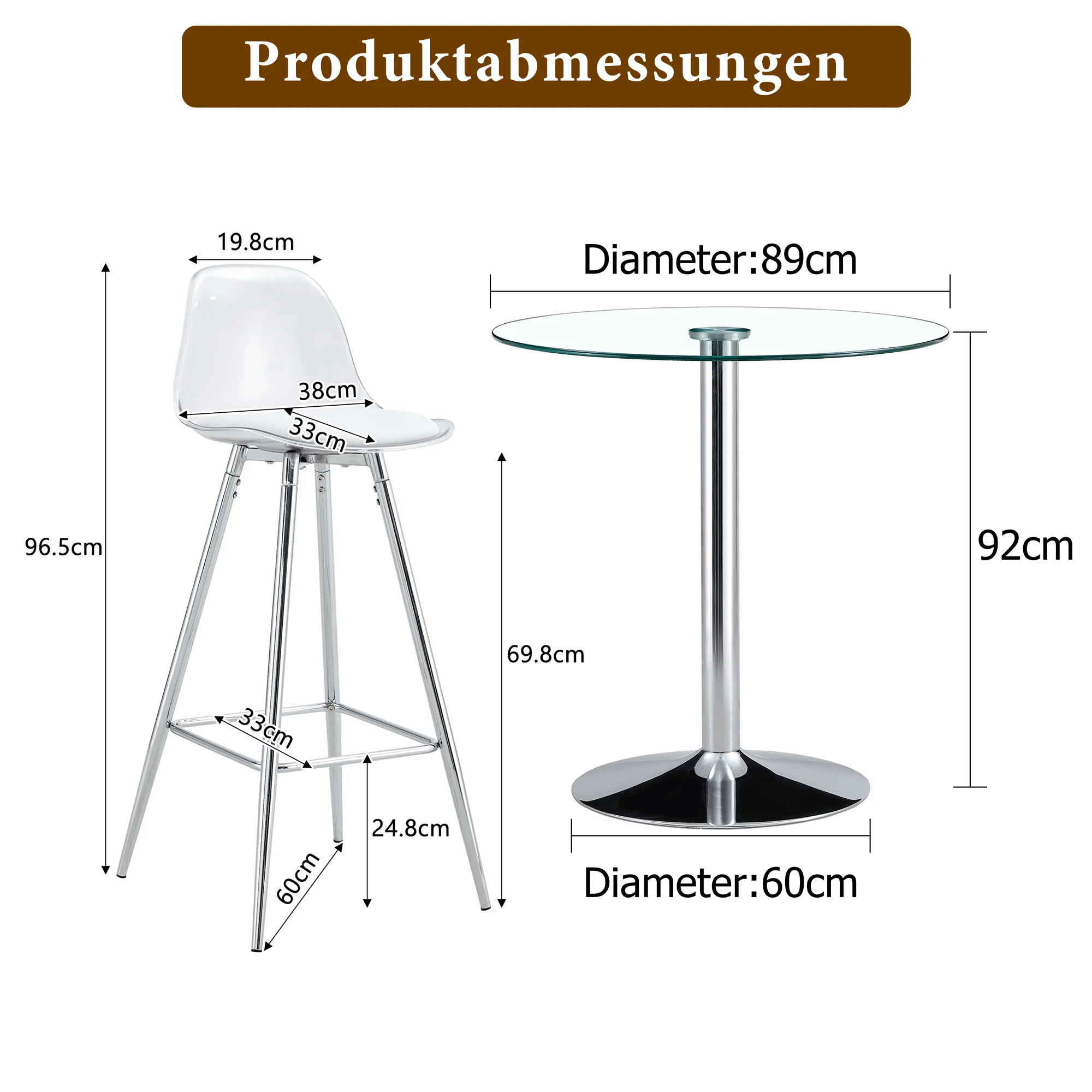 Flexible Bar Set Round Glass Table 89cm 2 Stools - Glass/Silver Legs - Image 5