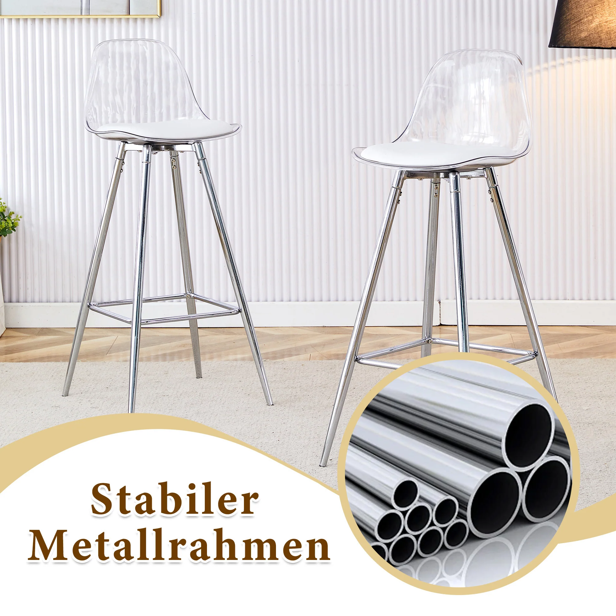 Flexible Bar Set Round Glass Table 89cm 2 Stools - Glass/Silver Legs - Image 7