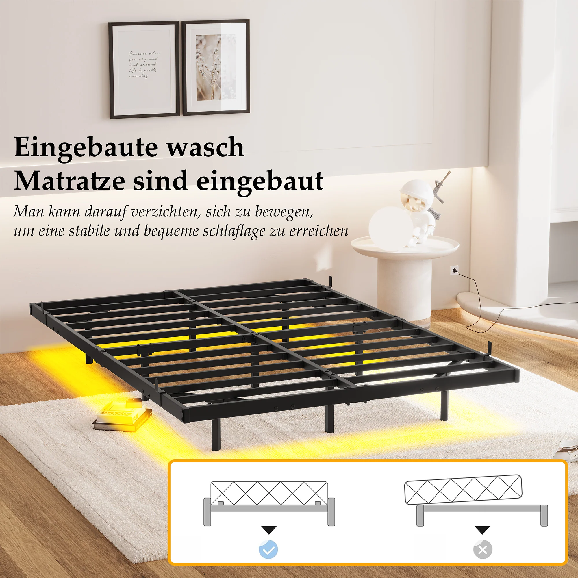 Floating Bed Frame 120x200cm LED Charging Station Metal - Black - Image 10