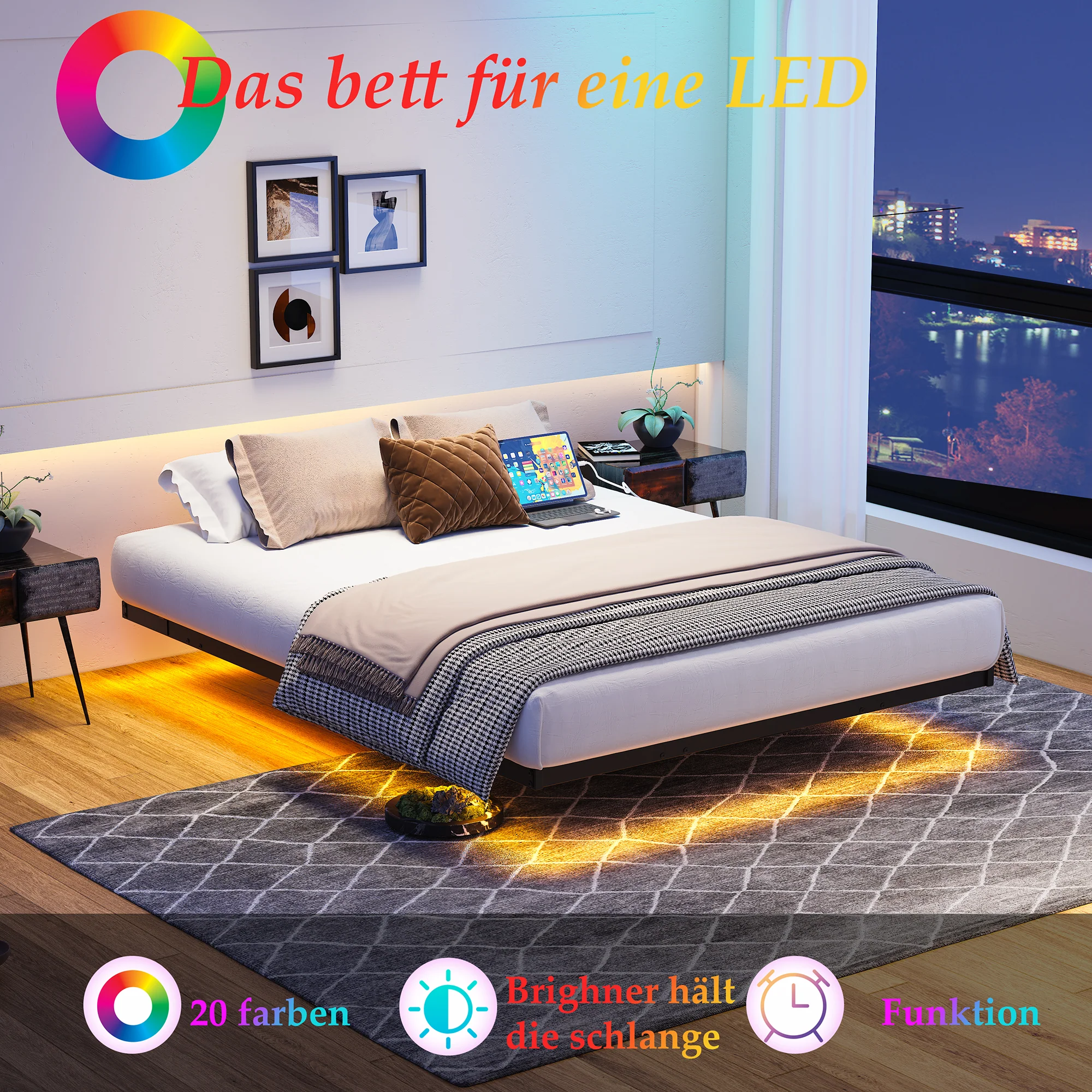 Floating Bed Frame 120x200cm LED Charging Station Metal - Black - Image 5