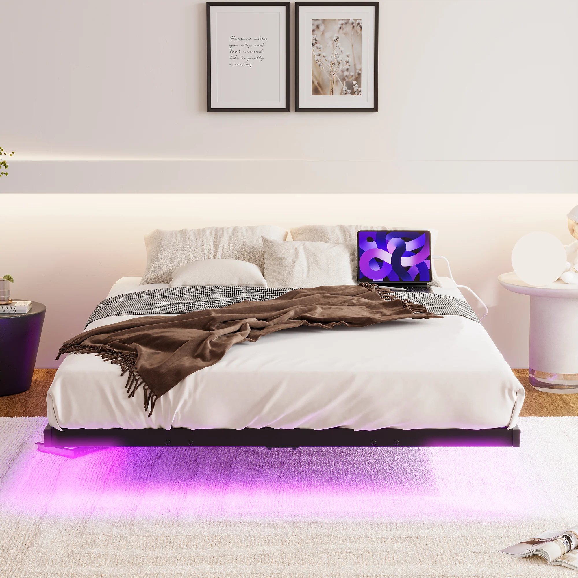 Floating Bed Frame 120x200cm LED Charging Station Metal - Black - Image 6