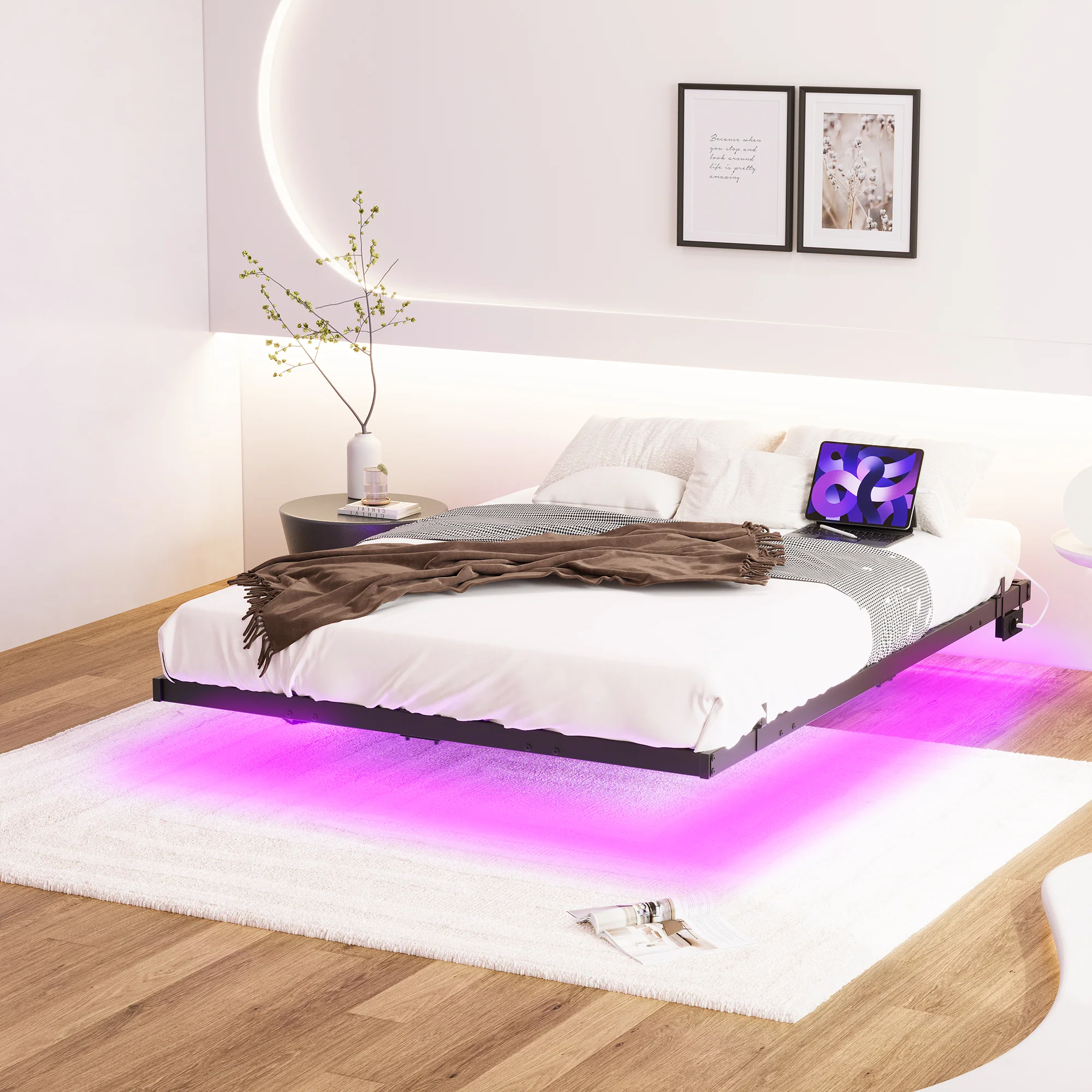 Floating Bed Frame 120x200cm LED Charging Station Metal - Black - Image 7