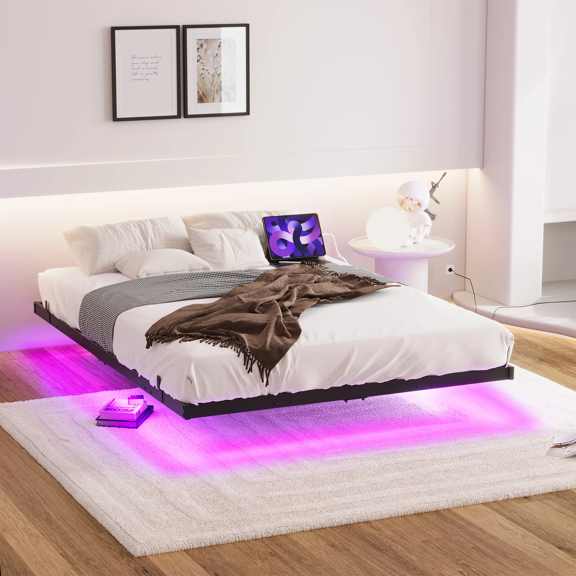Floating Bed Frame 140x200cm LED & Charging Station, Metal Black - Image 2