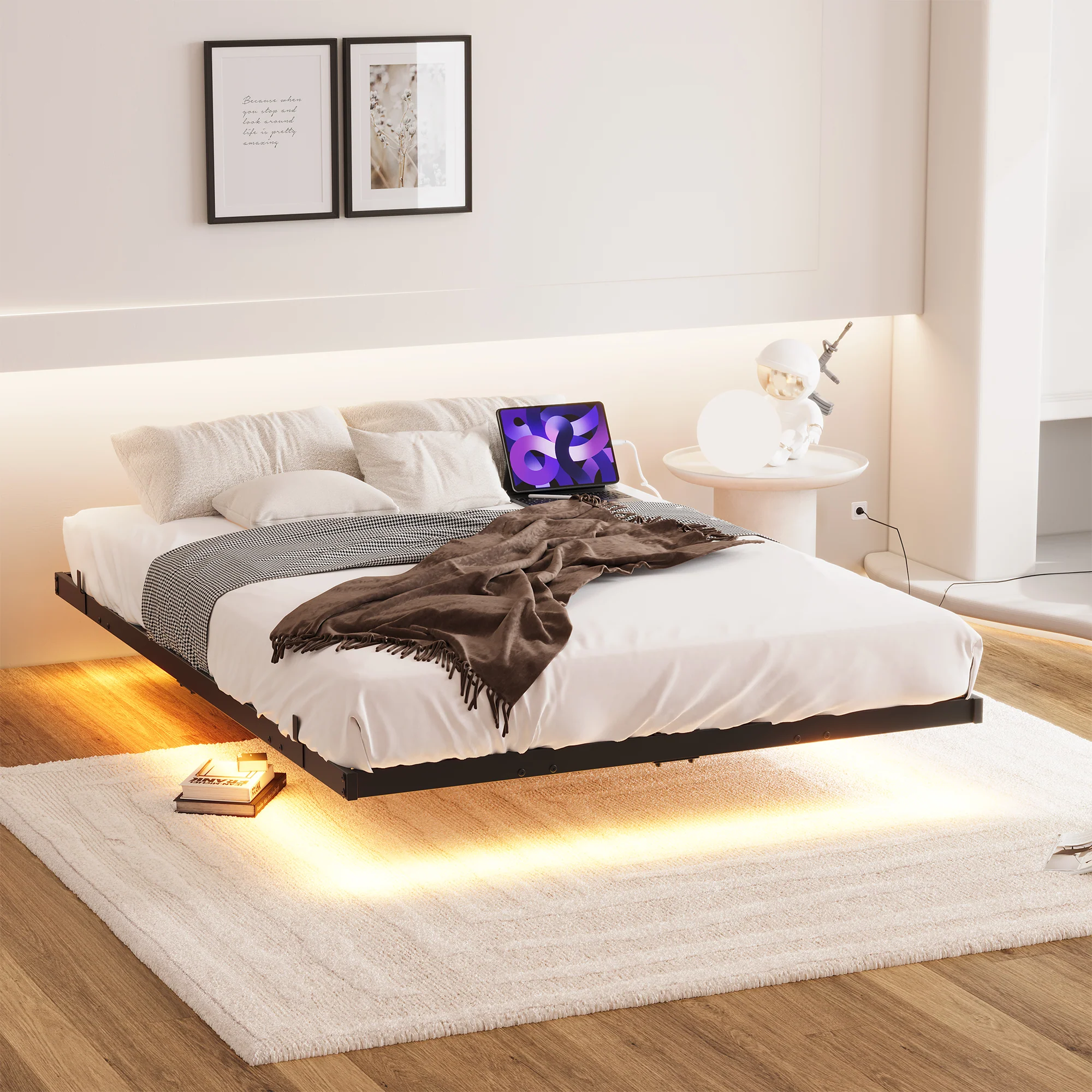 Floating Bed Frame 140x200cm LED & Charging Station, Metal Black - Image 3