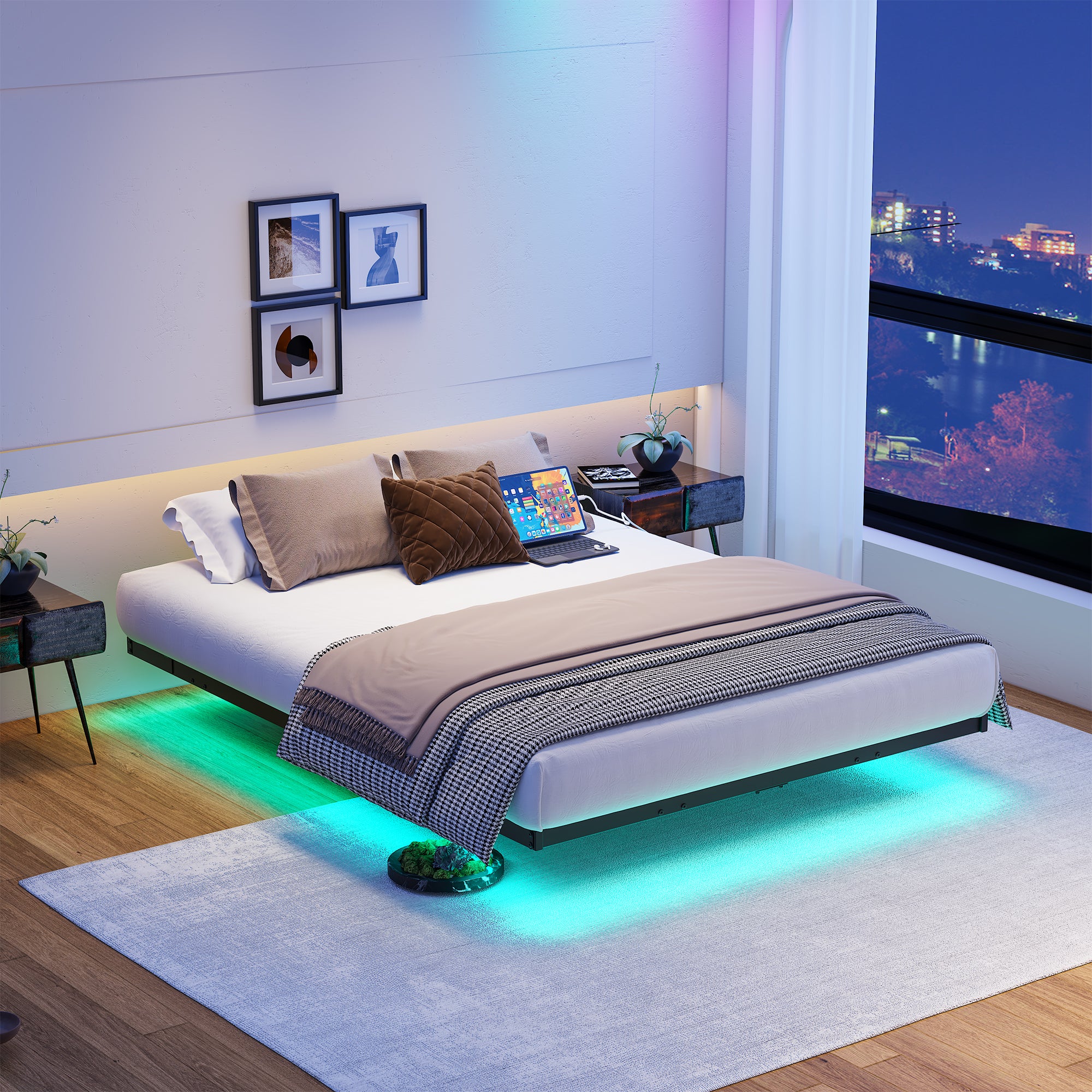 Floating Bed Frame 140x200cm LED & Charging Station, Metal Black - Image 4