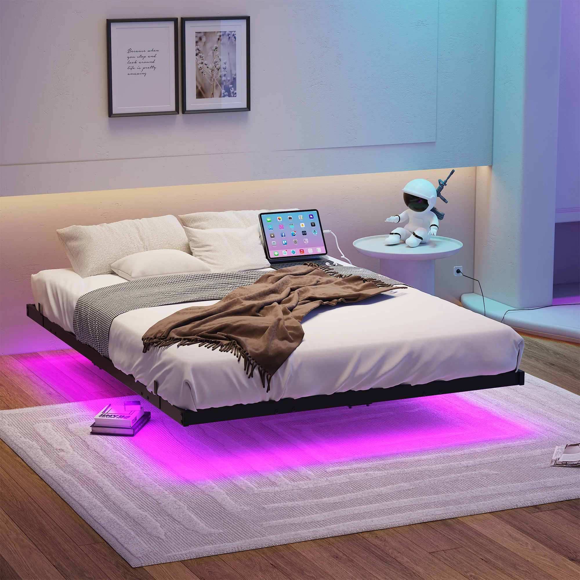 Floating Bed Frame 140x200cm LED & Charging Station, Metal Black - Image 5